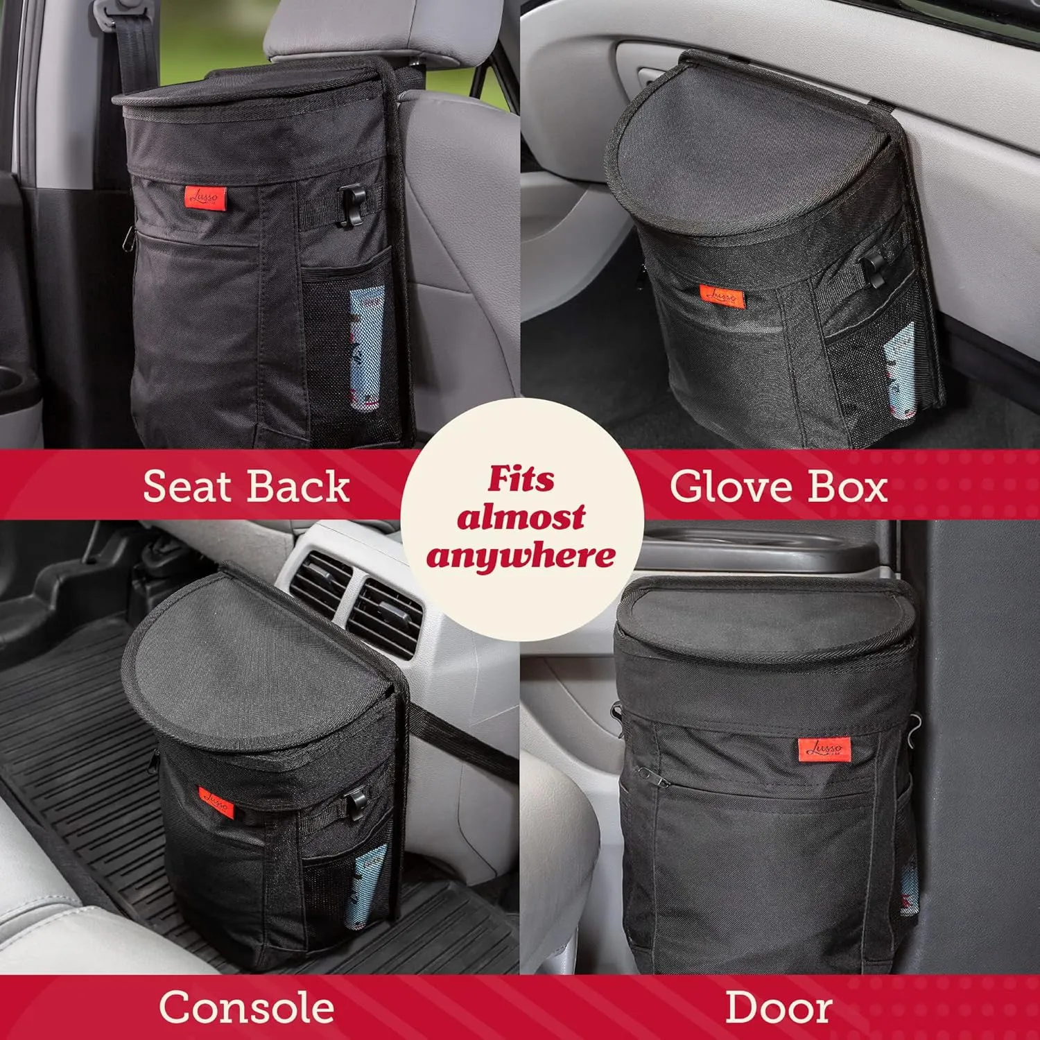 Lusso Gear Spill-Proof Car Trash Can (2.5 Gallon) - Easy to Clean, Hanging Car Garbage Bin with Removable Liner - Leak-Proof Gray