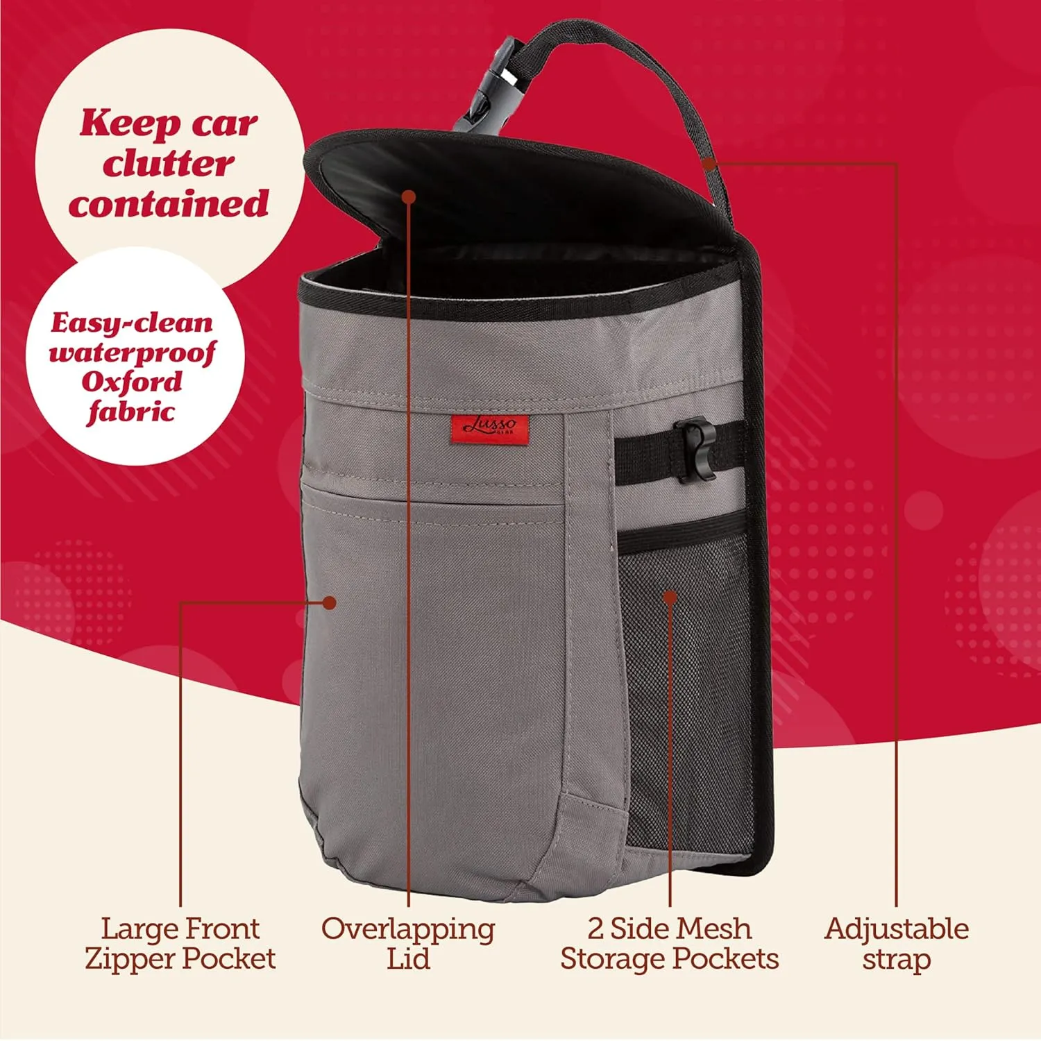 Lusso Gear Spill-Proof Car Trash Can (2.5 Gallon) - Easy to Clean, Hanging Car Garbage Bin with Removable Liner - Leak-Proof Gray