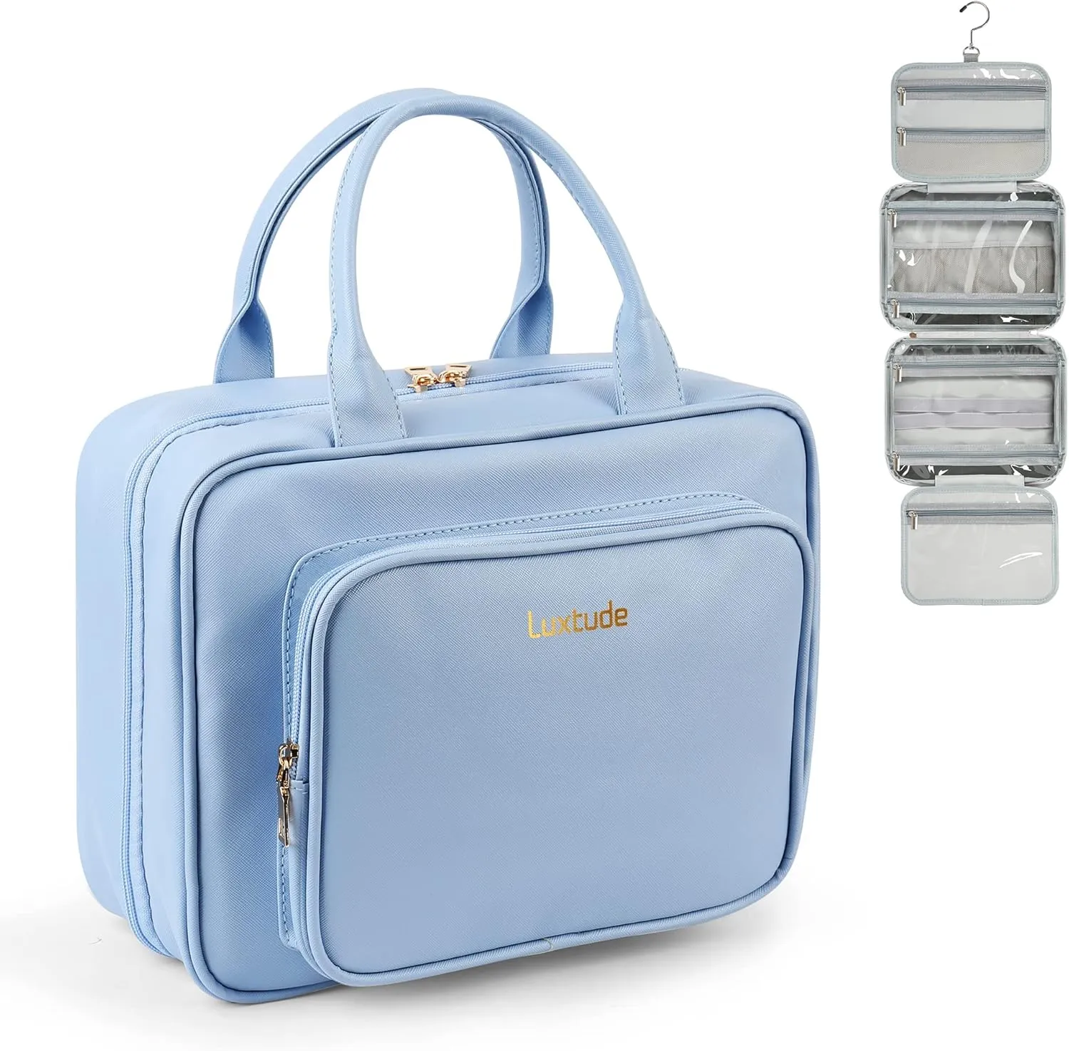 Luxtude Waterproof Leather Toiletry Bag for Women, Hanging Travel Toiletry Bag with 360°Hanging Hook, Large Travel Makeup Bag Cosmetic Organizer for Toiletries, Bathroom Shower, Makeup Accessories etc