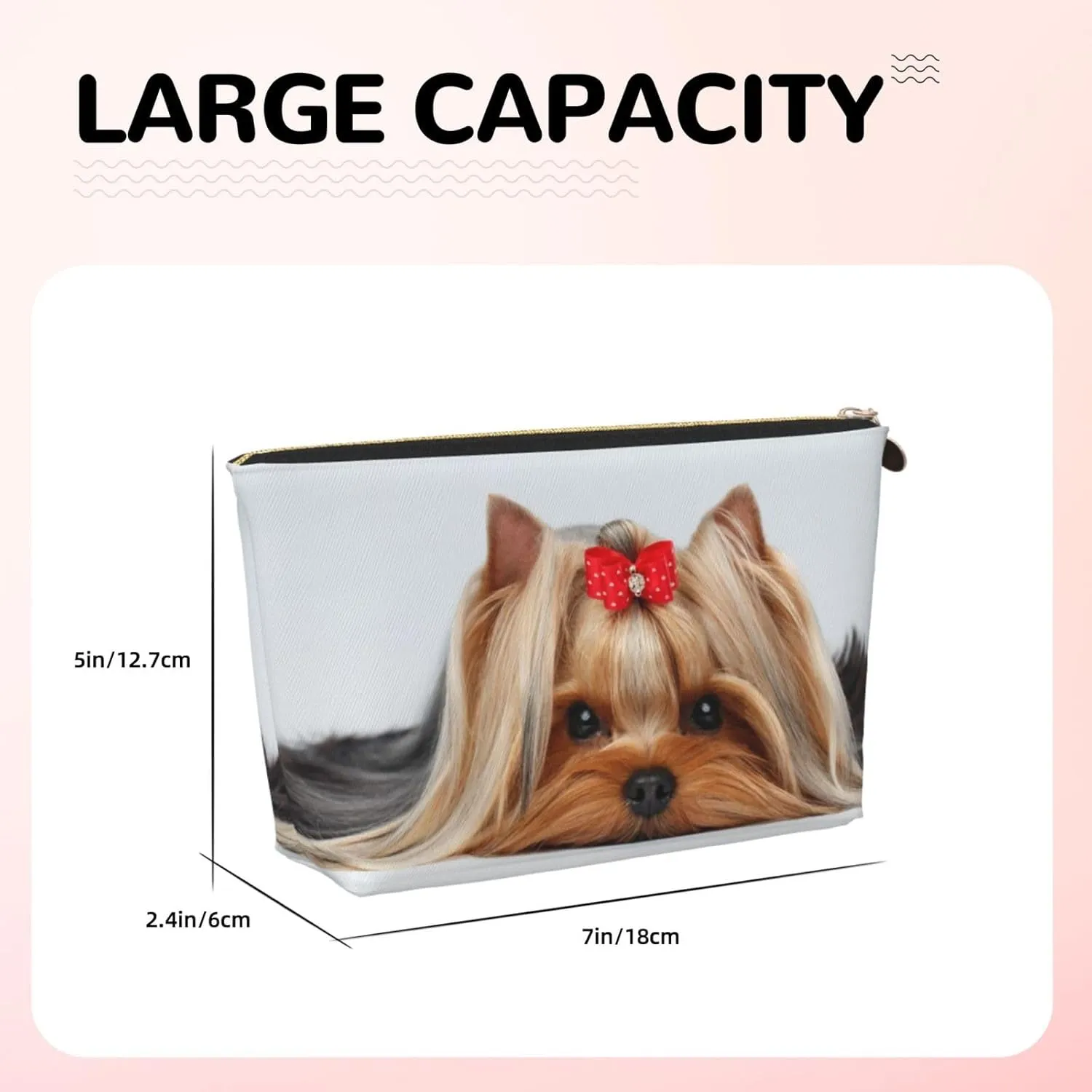 Lying Yorkshire Terrier With Cute Ribbon Yorkie Love Portrait Of A Dog Cosmetic Bag Travel Makeup Bag Organizer Toiletry Bag with Zipper Storage Pouch Coin Purse Brushes for Women Girls Gifts