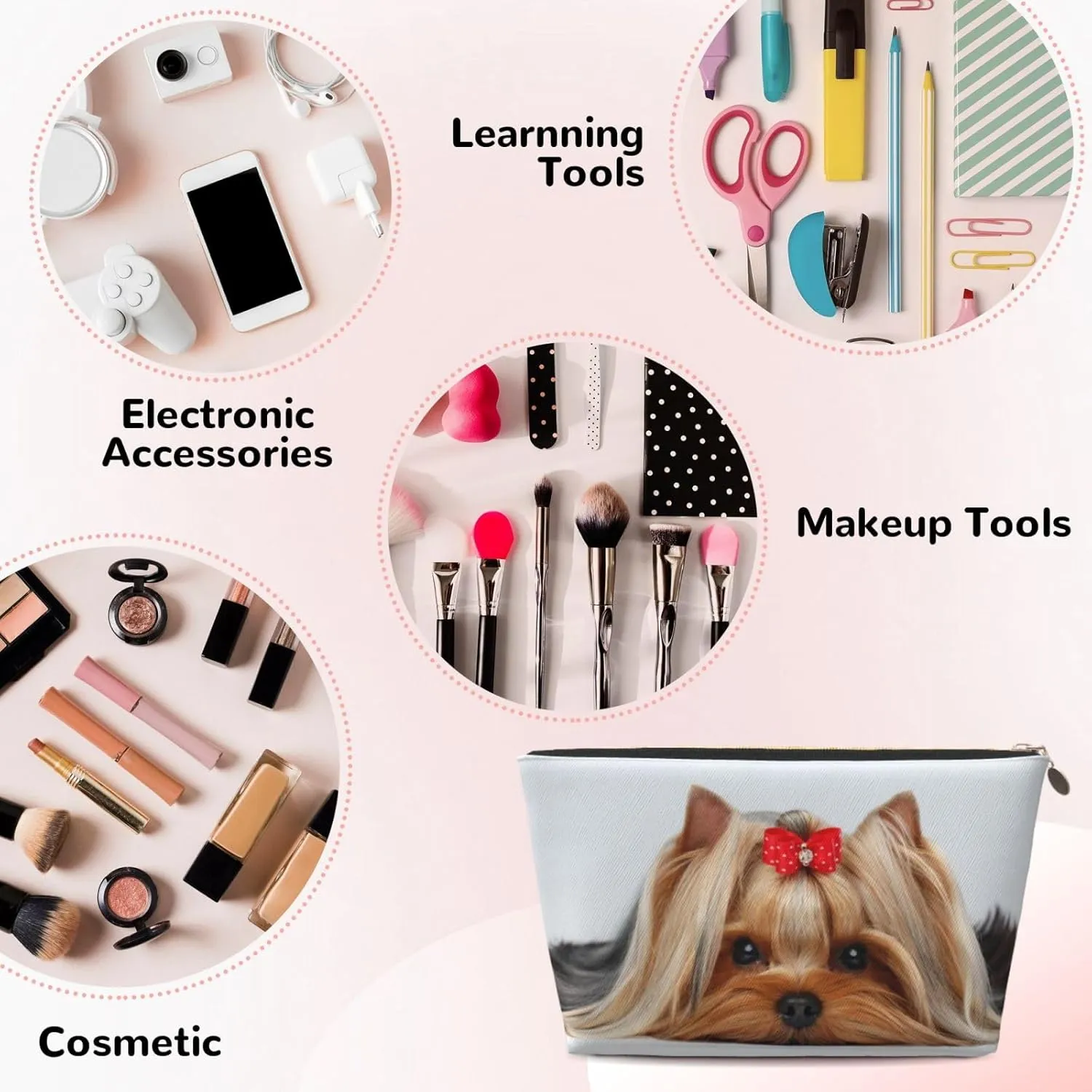 Lying Yorkshire Terrier With Cute Ribbon Yorkie Love Portrait Of A Dog Cosmetic Bag Travel Makeup Bag Organizer Toiletry Bag with Zipper Storage Pouch Coin Purse Brushes for Women Girls Gifts