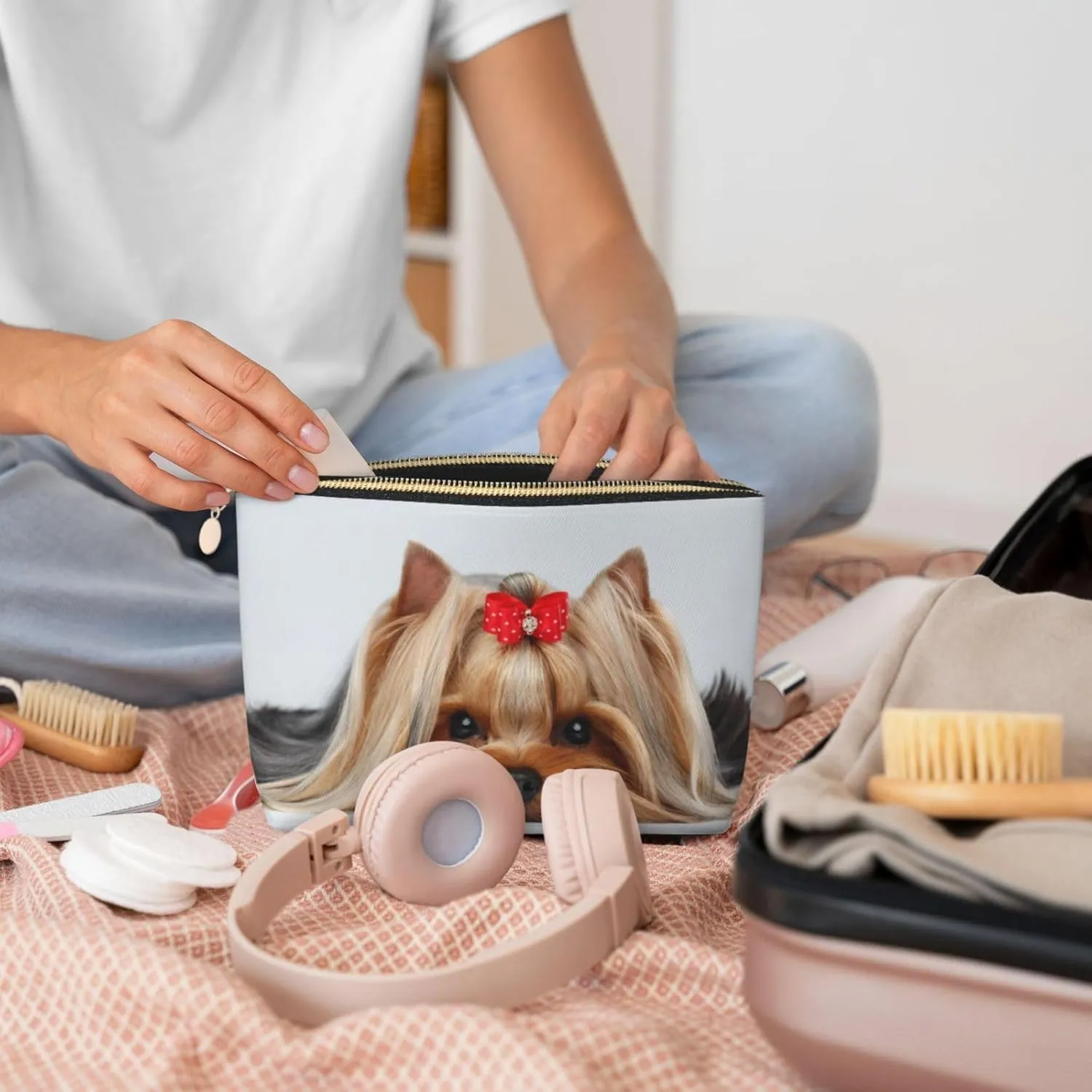 Lying Yorkshire Terrier With Cute Ribbon Yorkie Love Portrait Of A Dog Cosmetic Bag Travel Makeup Bag Organizer Toiletry Bag with Zipper Storage Pouch Coin Purse Brushes for Women Girls Gifts