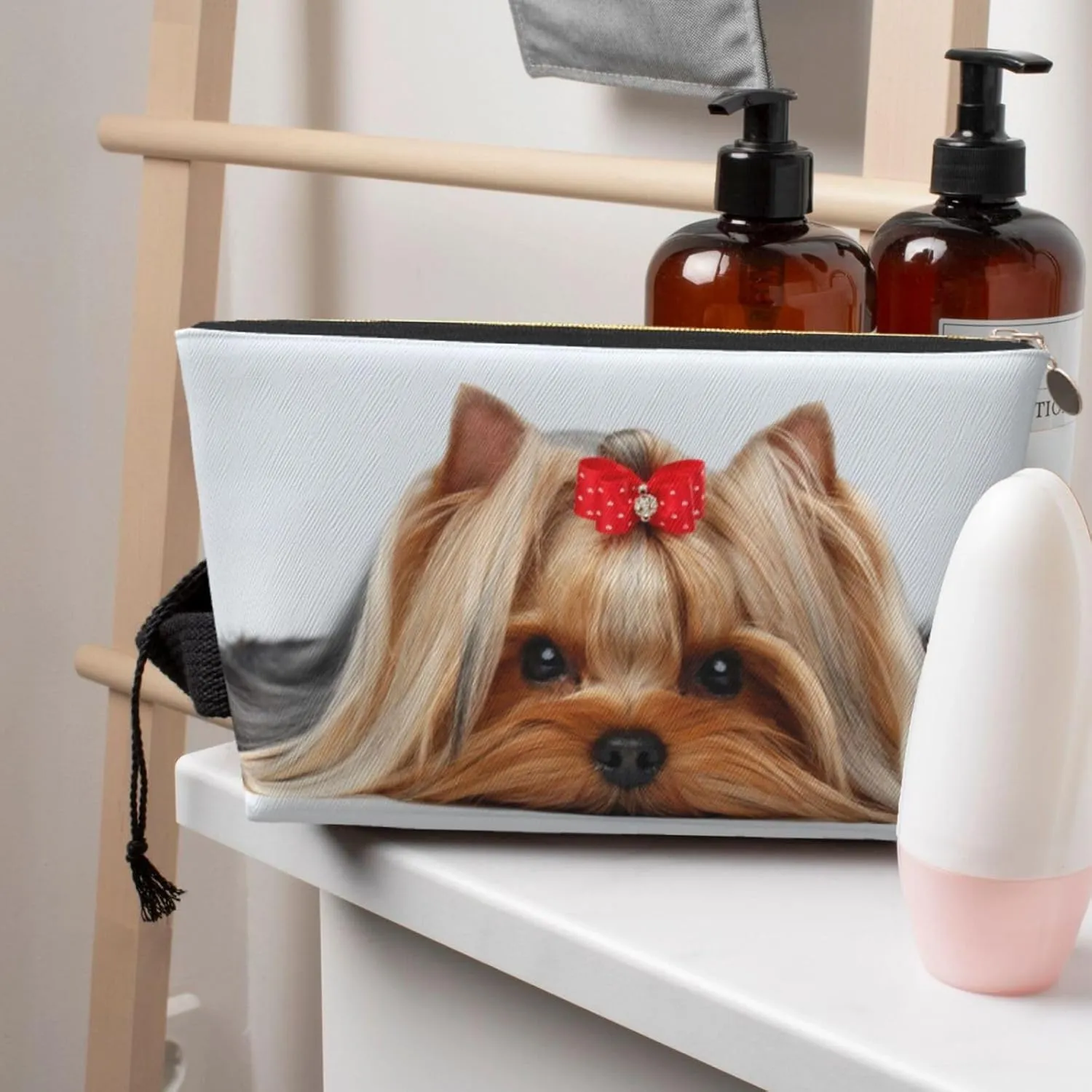 Lying Yorkshire Terrier With Cute Ribbon Yorkie Love Portrait Of A Dog Cosmetic Bag Travel Makeup Bag Organizer Toiletry Bag with Zipper Storage Pouch Coin Purse Brushes for Women Girls Gifts