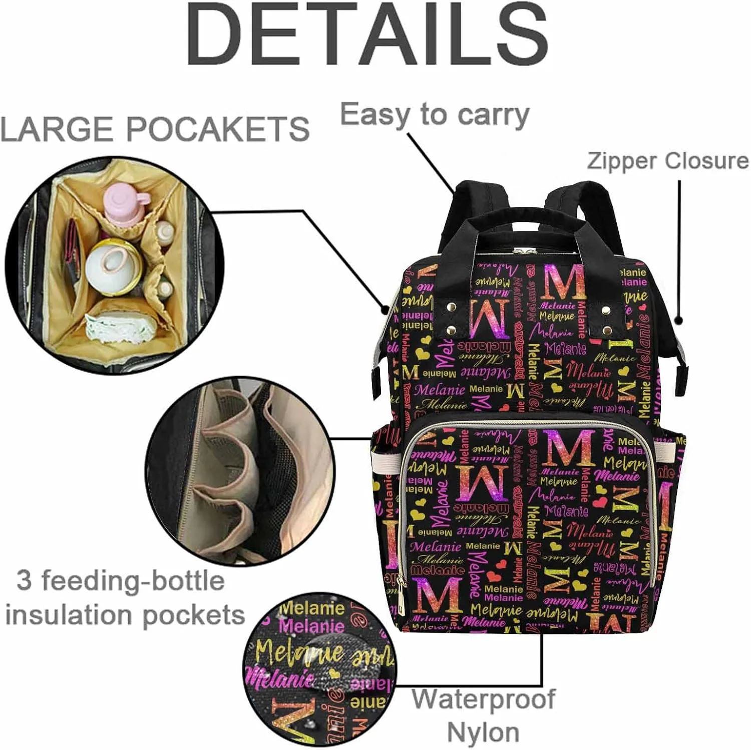 M YESCUSTOM Personalized Name Diaper Bag with Multi Name & Letter Custom Waterproof Nappy Travel Daypack for Mom Customized Shower Gifts