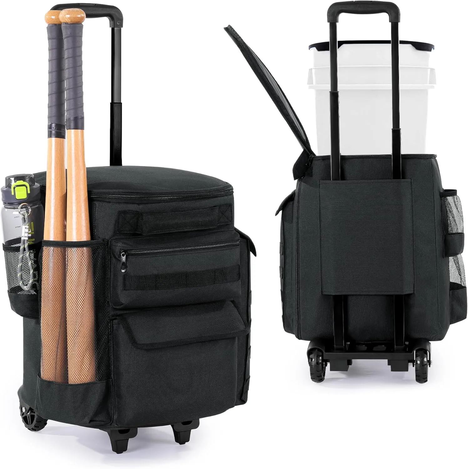 MABOZOO Baseball Bucket Bag with Wheels, Softball Bucket Bag, Baseball Coaches Organizer with Multiple Pockets for Bat, Gloves, Scoreboards and Other Accessories