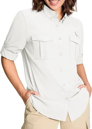 MAGCOMSEN Women's UPF 50  Long Sleeve Fishing Shirts UV Sun Protection Quick Dry Button Down Safari Hiking Travel Shirts