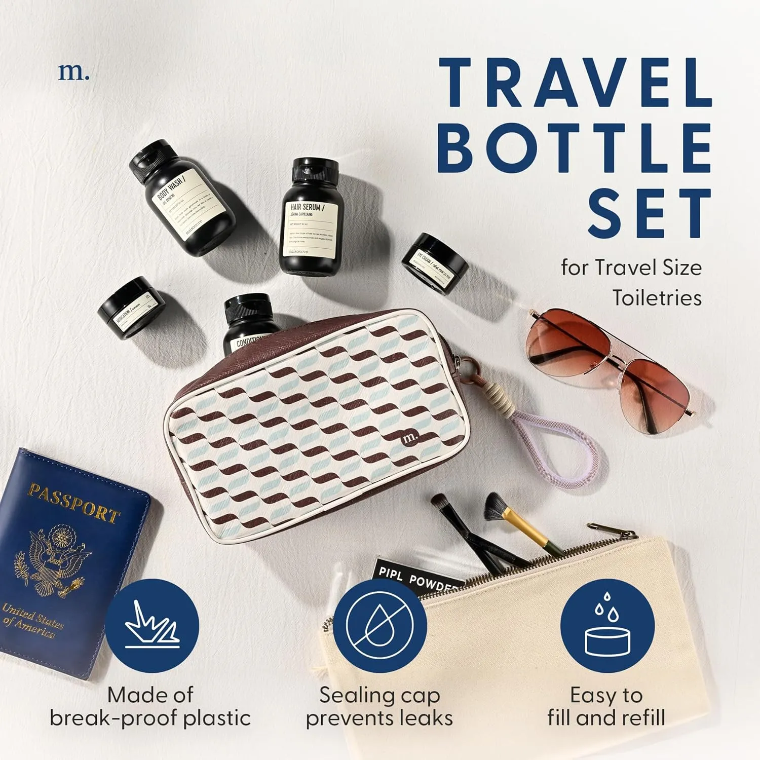 MAISONOVO Travel Bottles for Toiletries, TSA Approved, Leak Proof Refillable, Travel Size Containers and Bottles with Water Proof Toiletry Bag - Brown Pouch