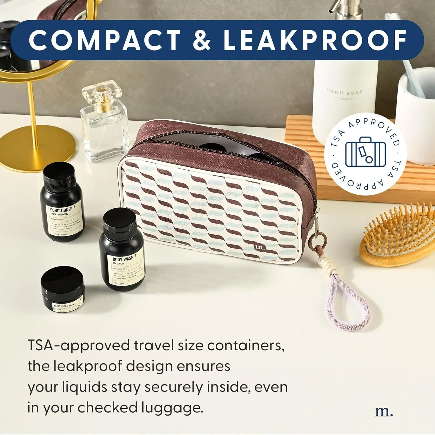 MAISONOVO Travel Bottles for Toiletries, TSA Approved, Leak Proof Refillable, Travel Size Containers and Bottles with Water Proof Toiletry Bag - Brown Pouch