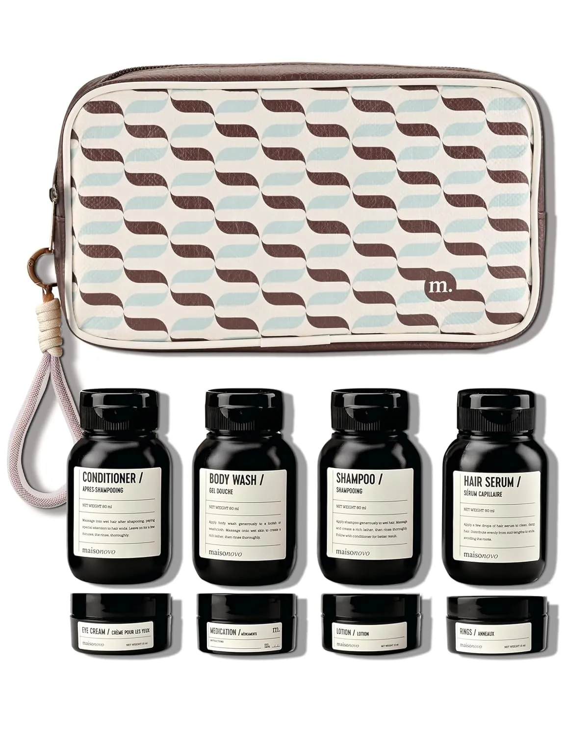 MAISONOVO Travel Bottles for Toiletries, TSA Approved, Leak Proof Refillable, Travel Size Containers and Bottles with Water Proof Toiletry Bag - Brown Pouch