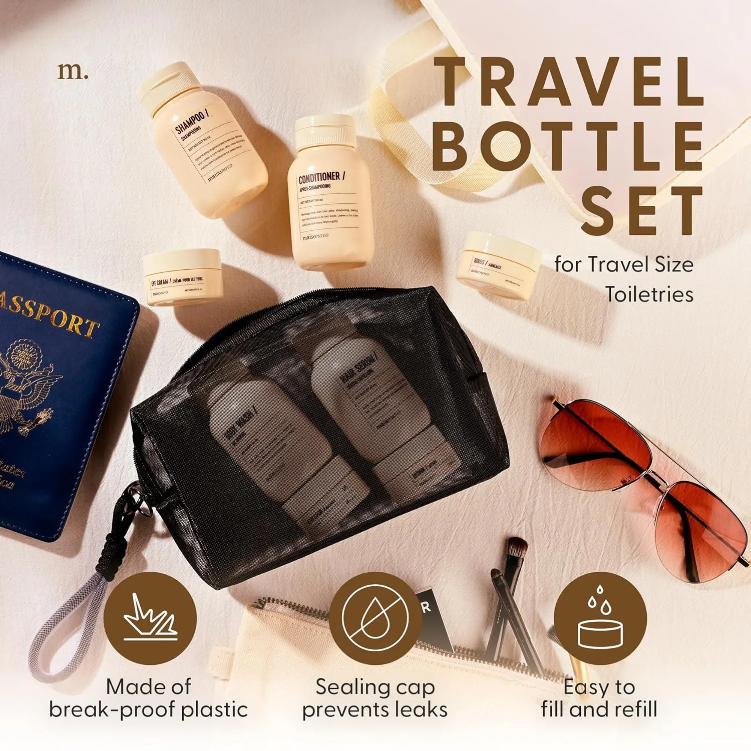 MAISONOVO Travel Bottles for Toiletries, TSA Approved, Leak Proof Refillable, Travel Size Containers and Bottles with Water Proof Toiletry Bag