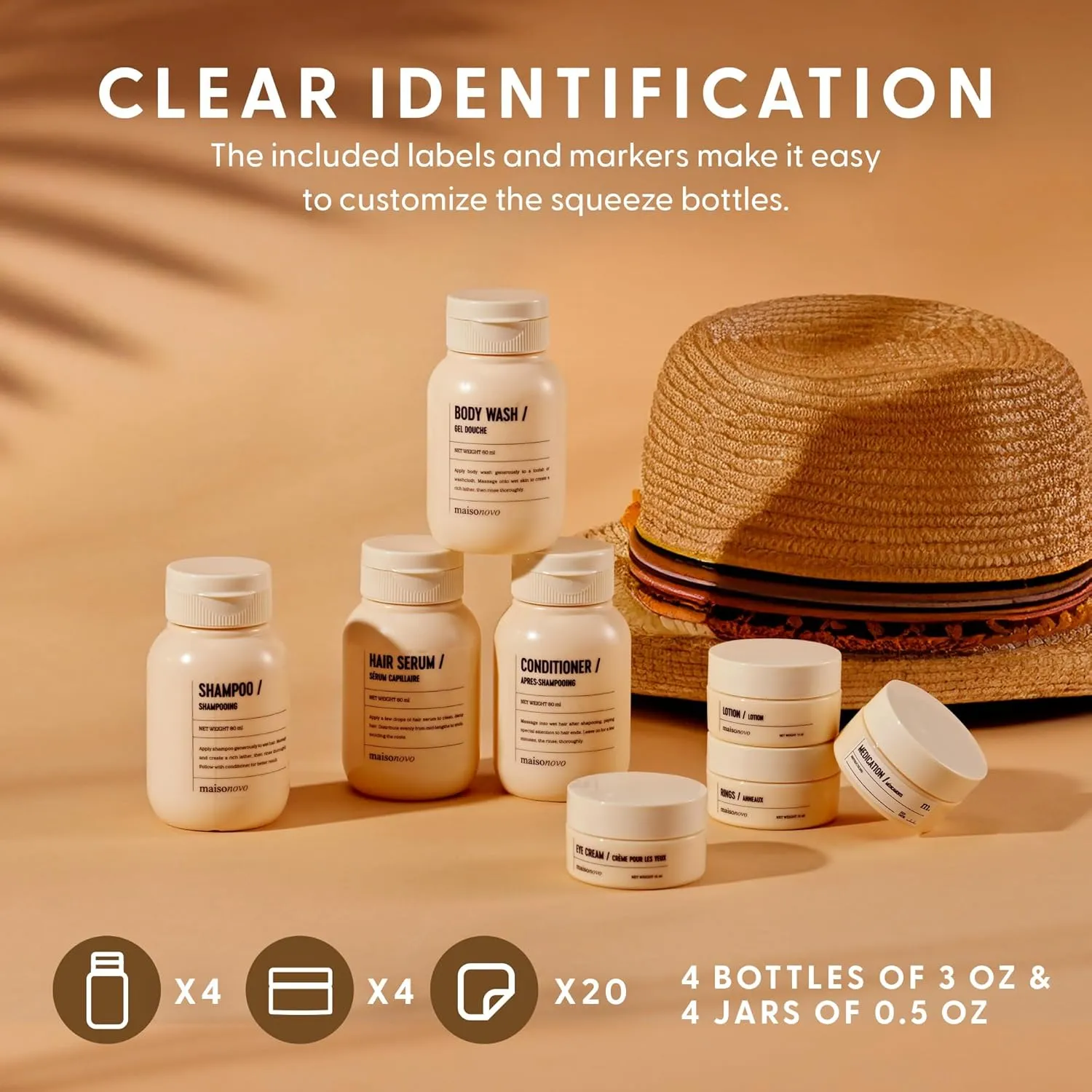 MAISONOVO Travel Bottles for Toiletries, TSA Approved, Leak Proof Refillable, Travel Size Containers and Bottles with Water Proof Toiletry Bag
