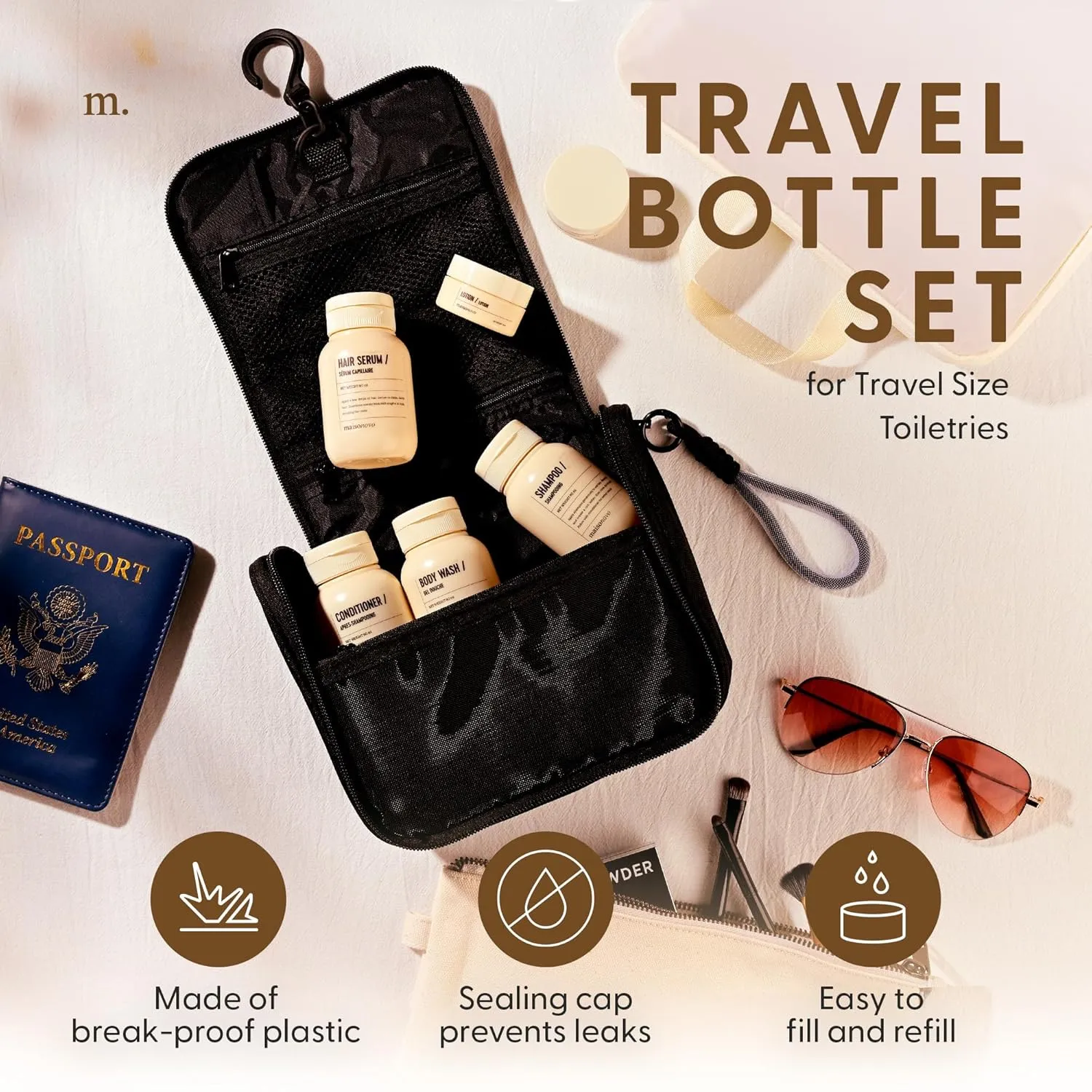 MAISONOVO Travel Bottles for Toiletries, TSA Approved, Leak Proof Refillable, Travel Size Containers and Bottles with Water Proof Toiletry Bag