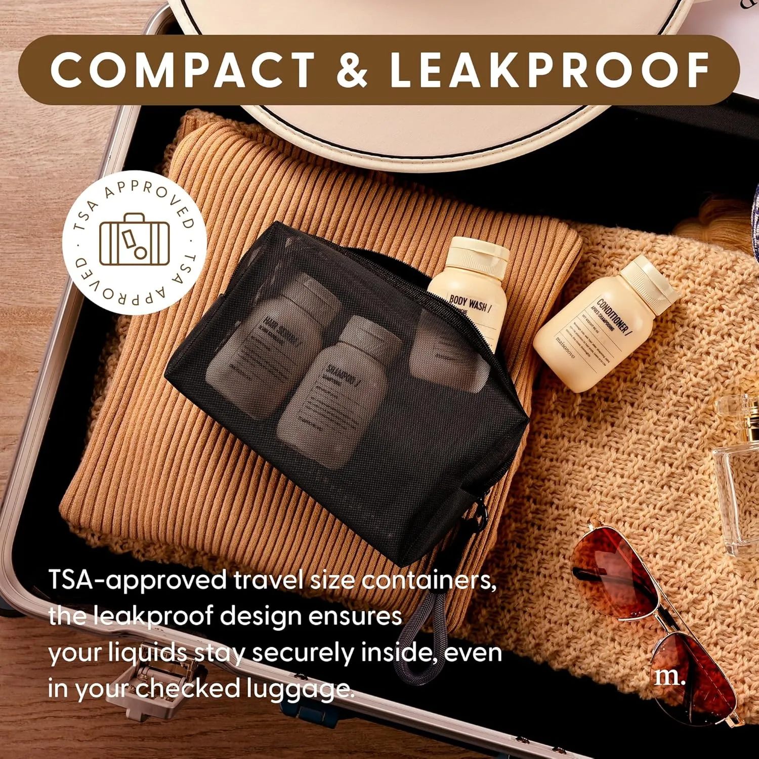 MAISONOVO Travel Bottles for Toiletries, TSA Approved, Leak Proof Refillable, Travel Size Containers and Bottles with Water Proof Toiletry Bag