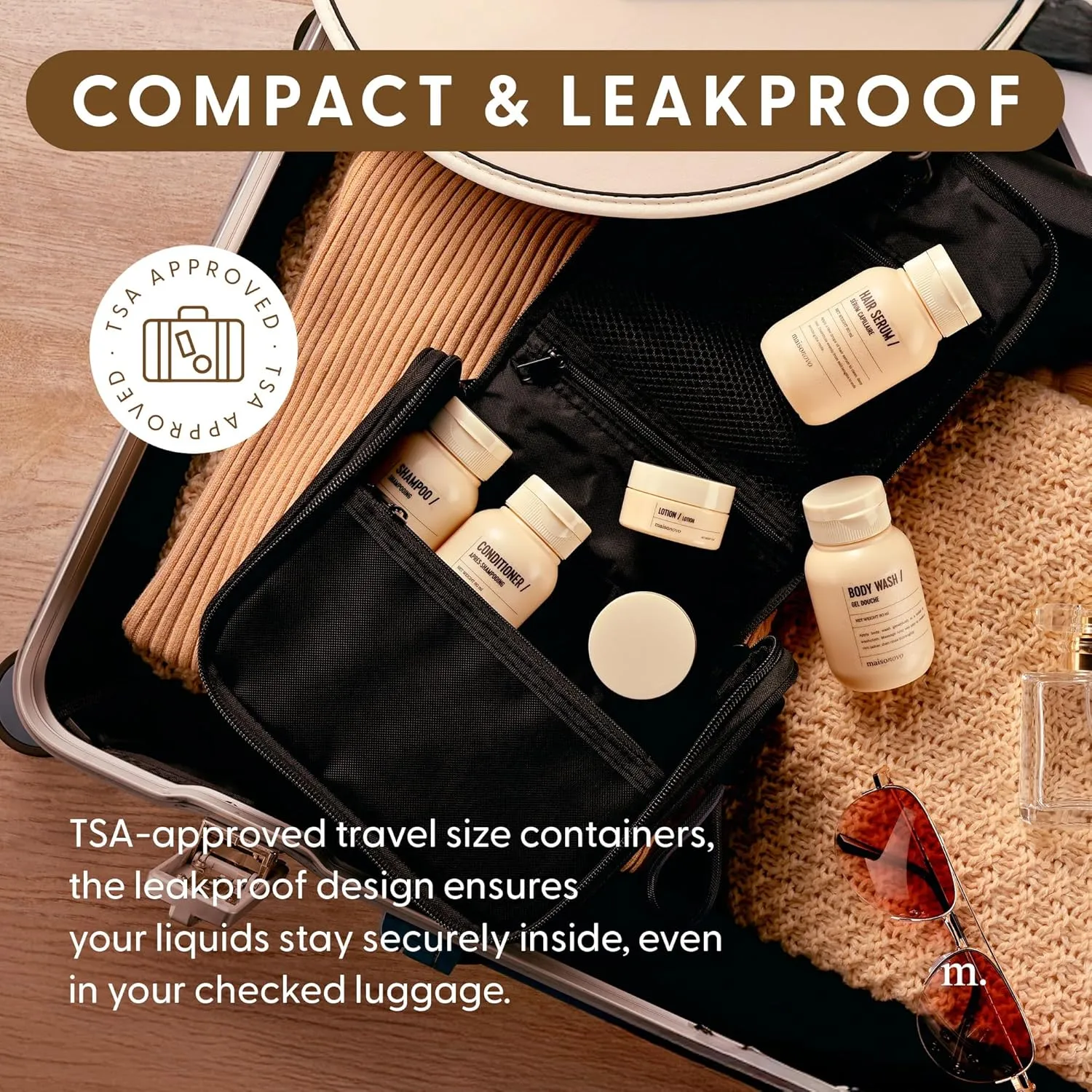 MAISONOVO Travel Bottles for Toiletries, TSA Approved, Leak Proof Refillable, Travel Size Containers and Bottles with Water Proof Toiletry Bag