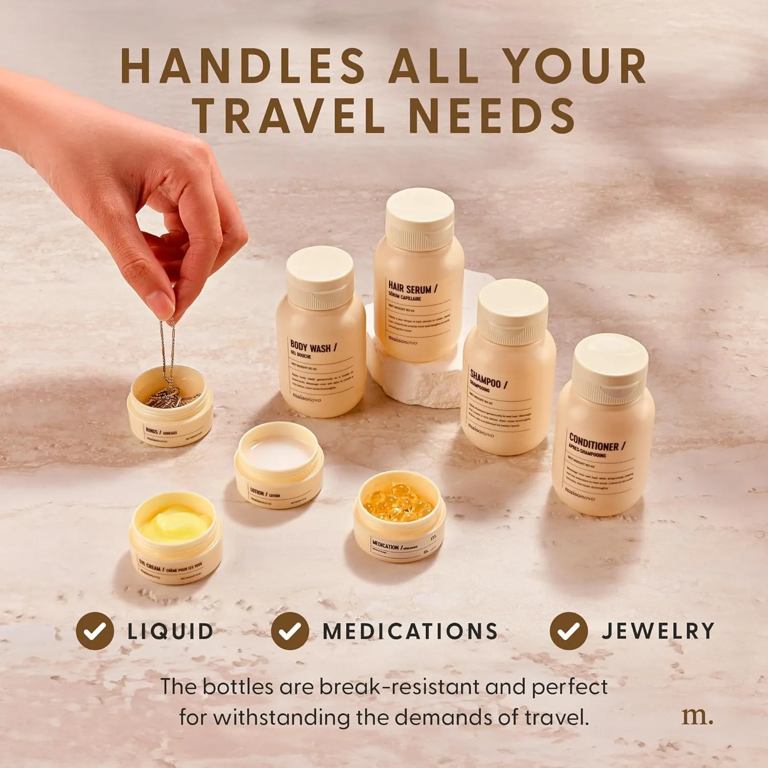 MAISONOVO Travel Bottles for Toiletries, TSA Approved, Leak Proof Refillable, Travel Size Containers and Bottles with Water Proof Toiletry Bag