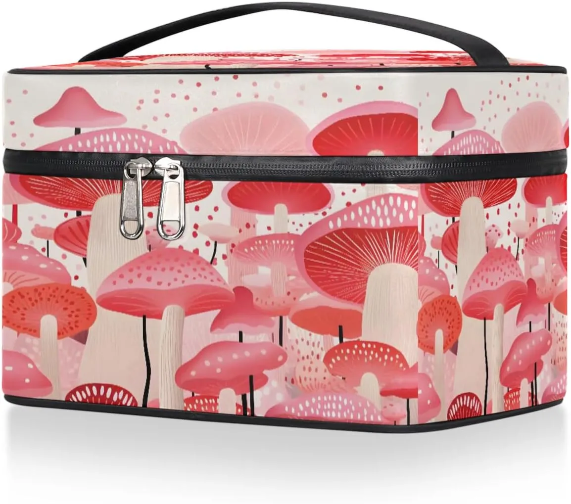 Makeup Bag Large Beautiful Mushrooms Print Toiletry Bag for Women Travel Cosmetic Bag Portable Makeup Bag for Bottles Brushes Lipstick Skin Care