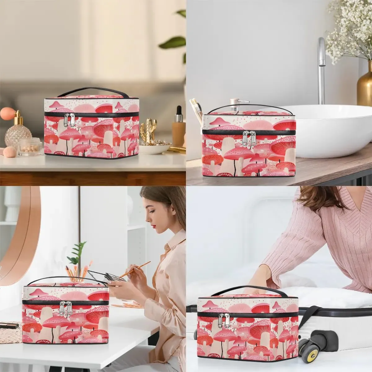 Makeup Bag Large Beautiful Mushrooms Print Toiletry Bag for Women Travel Cosmetic Bag Portable Makeup Bag for Bottles Brushes Lipstick Skin Care