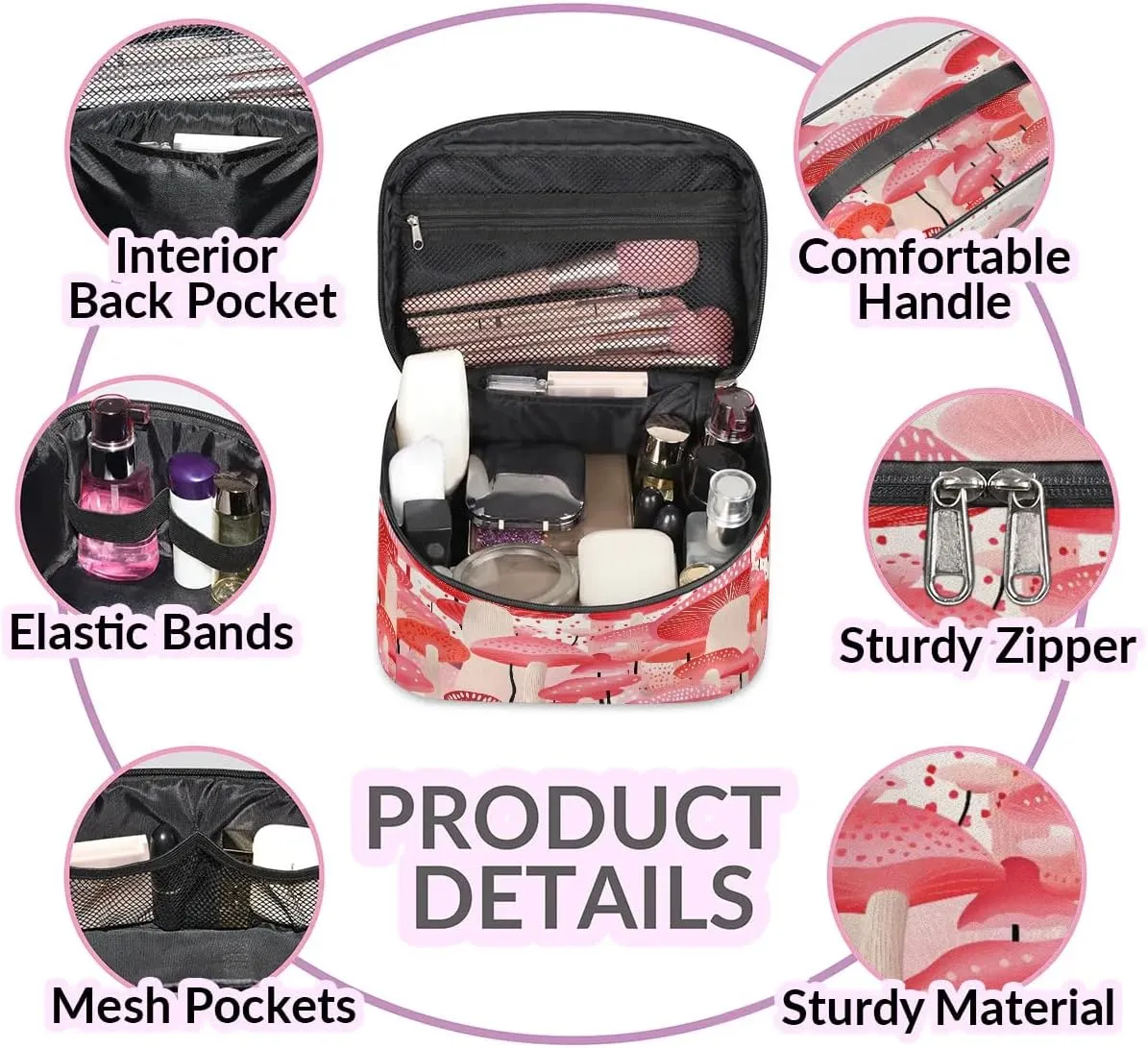 Makeup Bag Large Beautiful Mushrooms Print Toiletry Bag for Women Travel Cosmetic Bag Portable Makeup Bag for Bottles Brushes Lipstick Skin Care