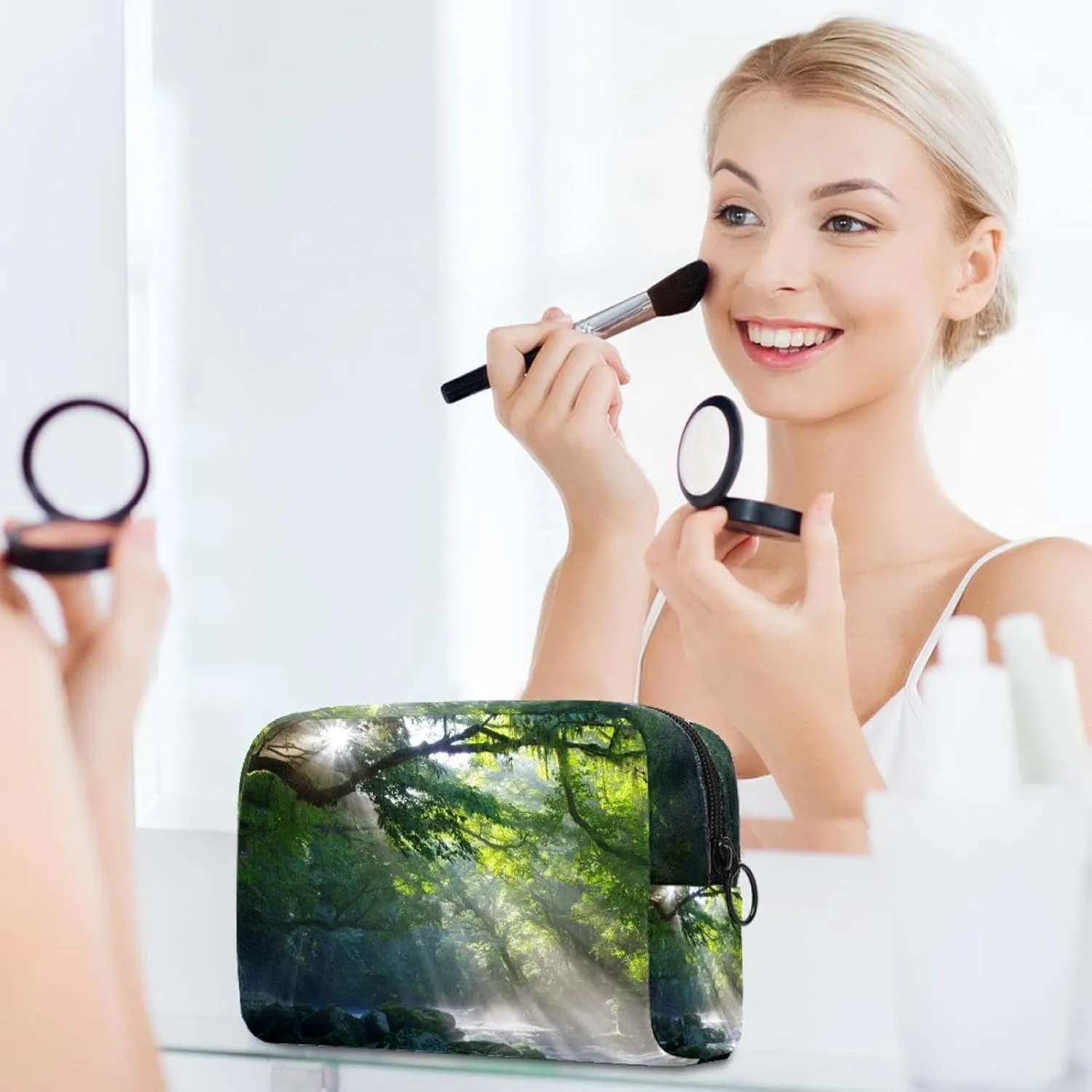 Makeup Organizer Bag, Nature Stream in the Jungle Stones Shadows of Sunlight Pencil Case Cosmetic Storage Bag Portable Toiletry Pouch for Women, Men, Traveling, School