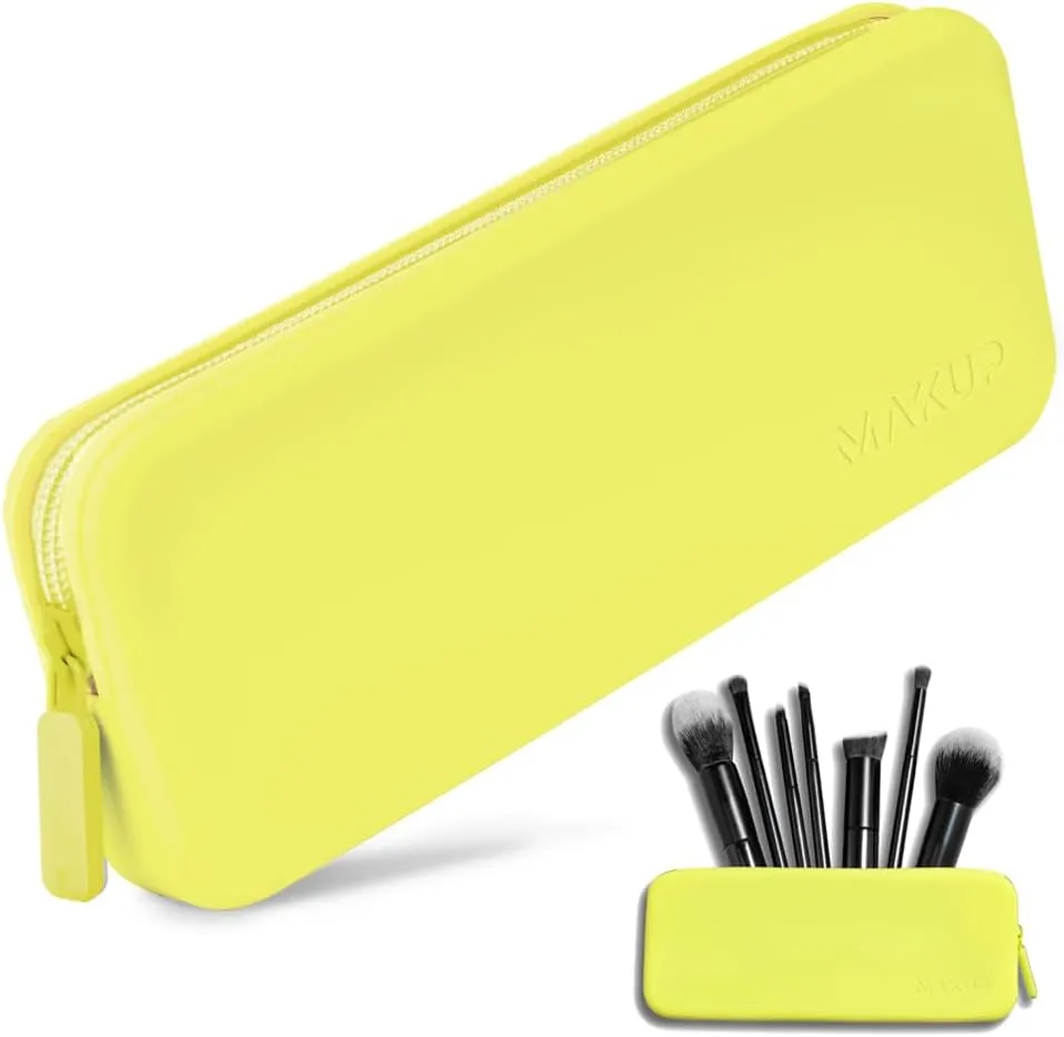 MAKUP Silicone Makeup Bag, Makeup Brush Holder with Zipper for Organizing Cosmetics, Makeup Brushes, Tools and Pencils, Washable Makeup Brush Holder Pouch for Travel (Electric Lime)