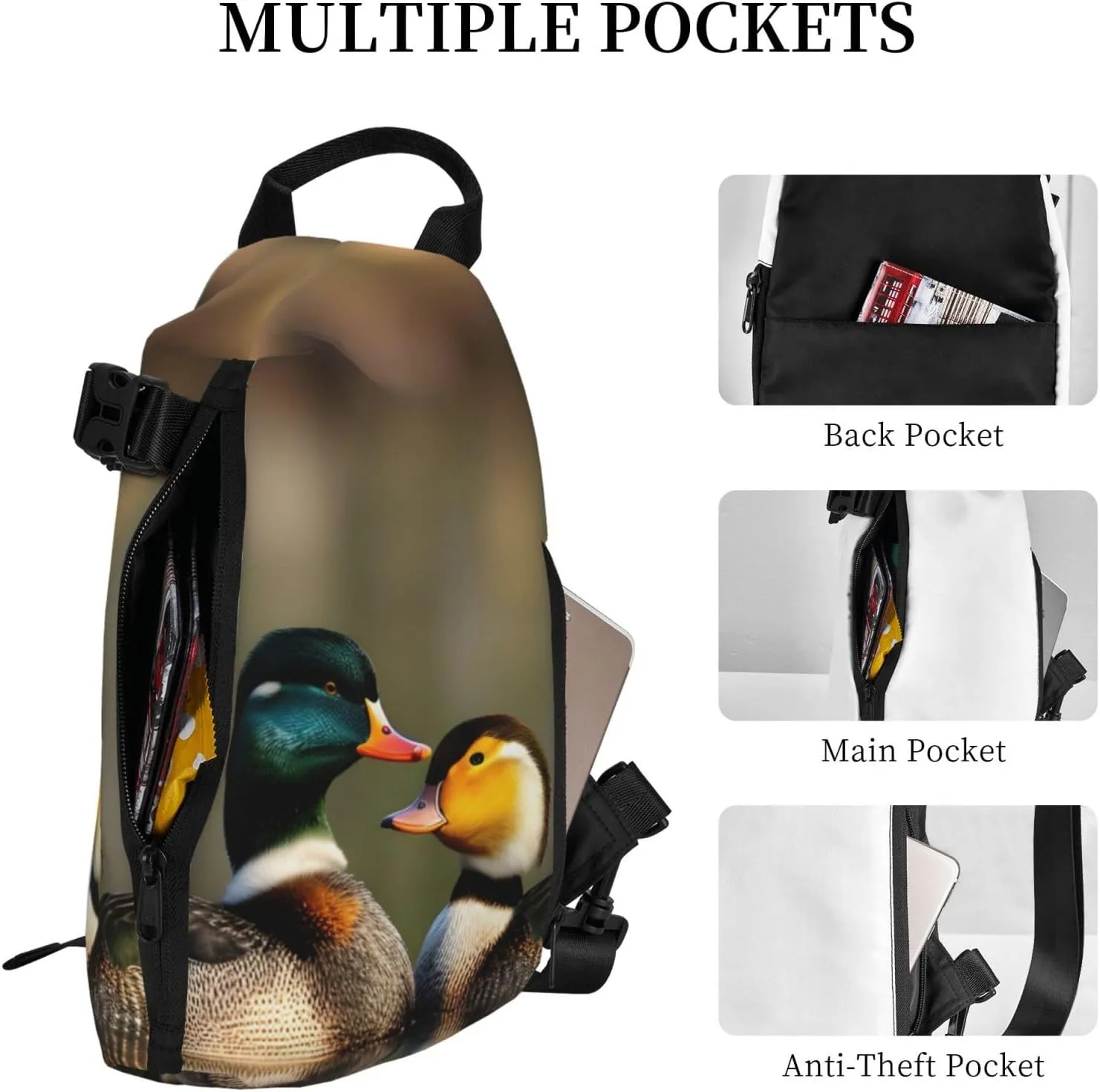 Mallard Ducks Print Crossbody Backpack Casual Sling Bag Travel Lightweight, Adjustable Cross Bag