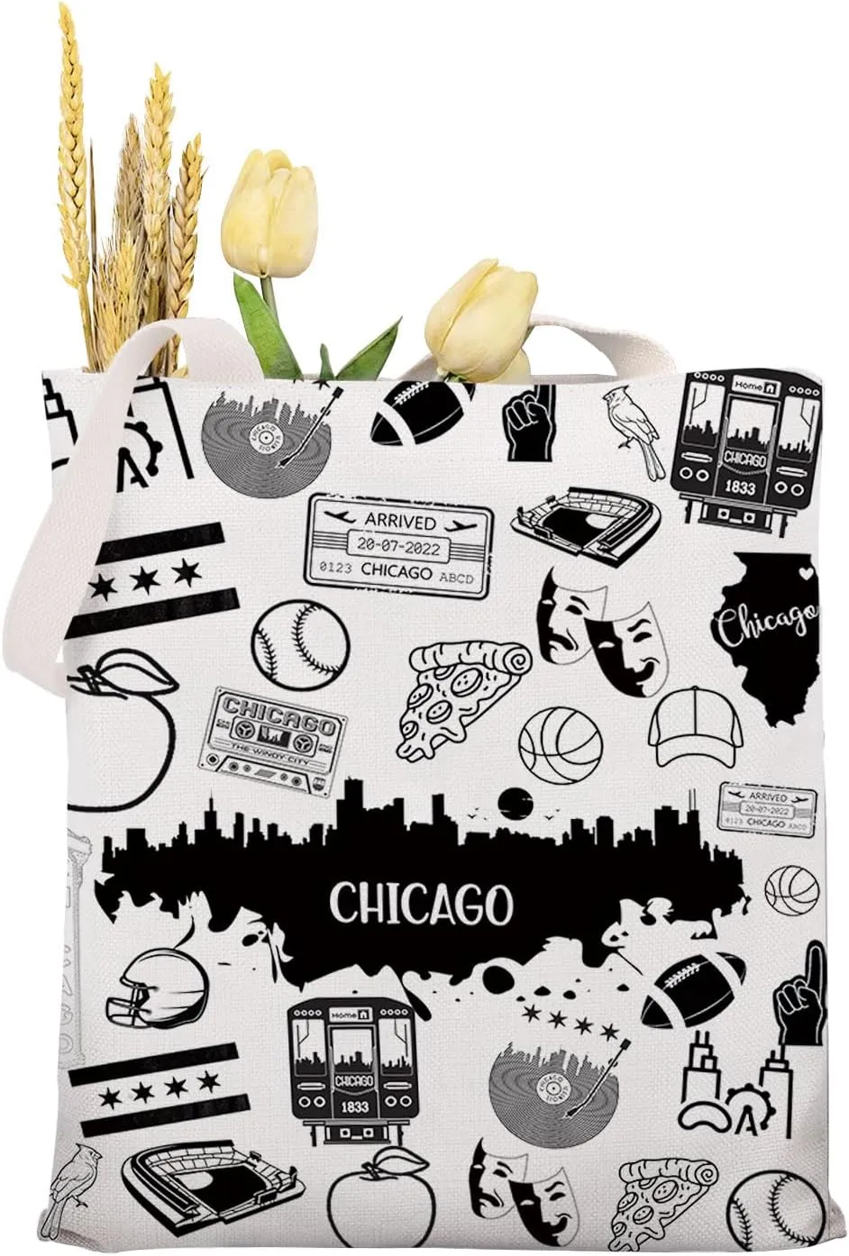 MAOFAED Chicago Canvas Tote Bag For Shopping Travel Office Chicago Souvenir Chicago Lover Gift Chicago Vocation Gift
