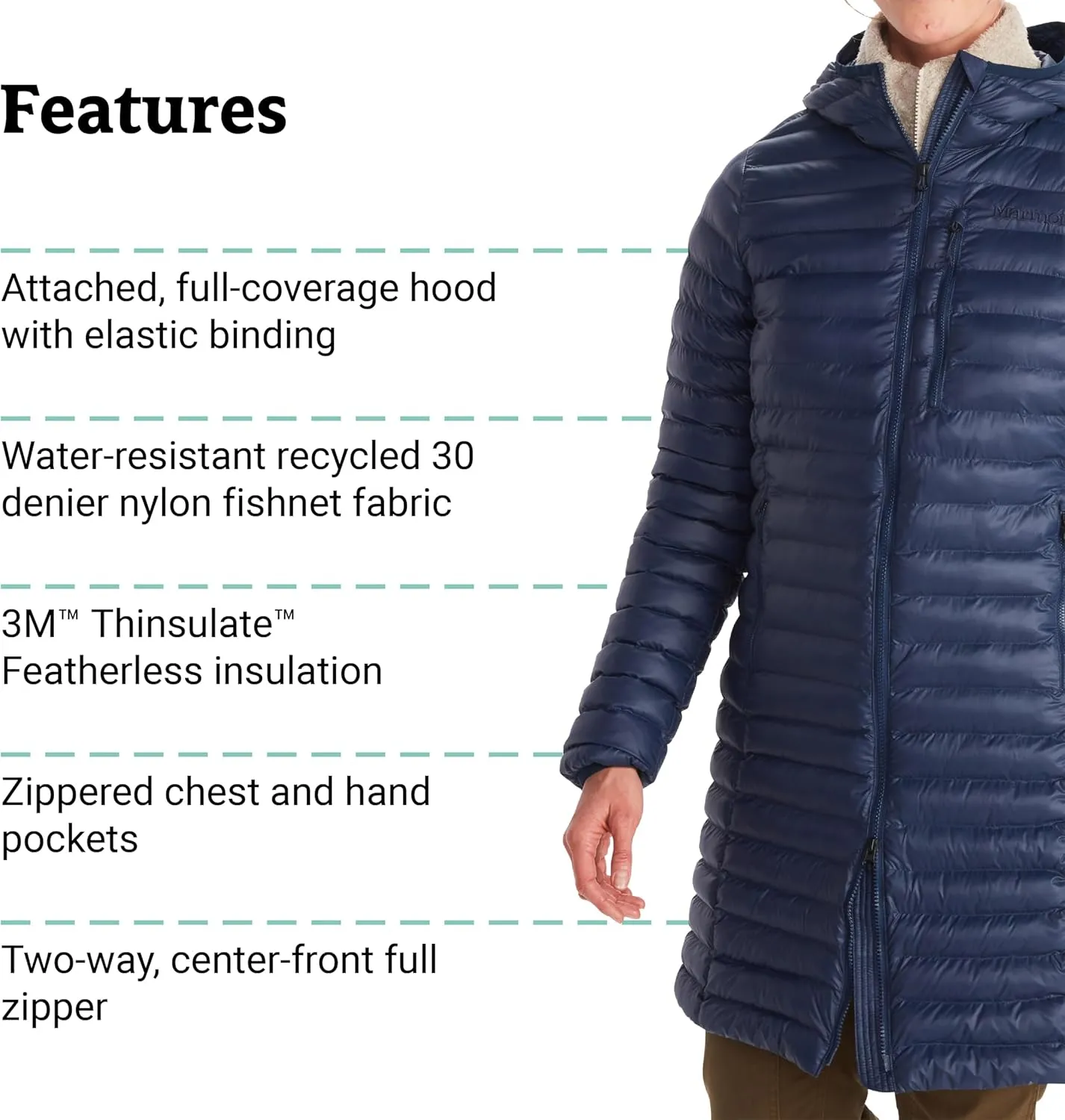 MARMOT Women's Echo Featherless Long Jacket - Mid-Thigh, Lightweight Down-Alternative Puffer with Hood
