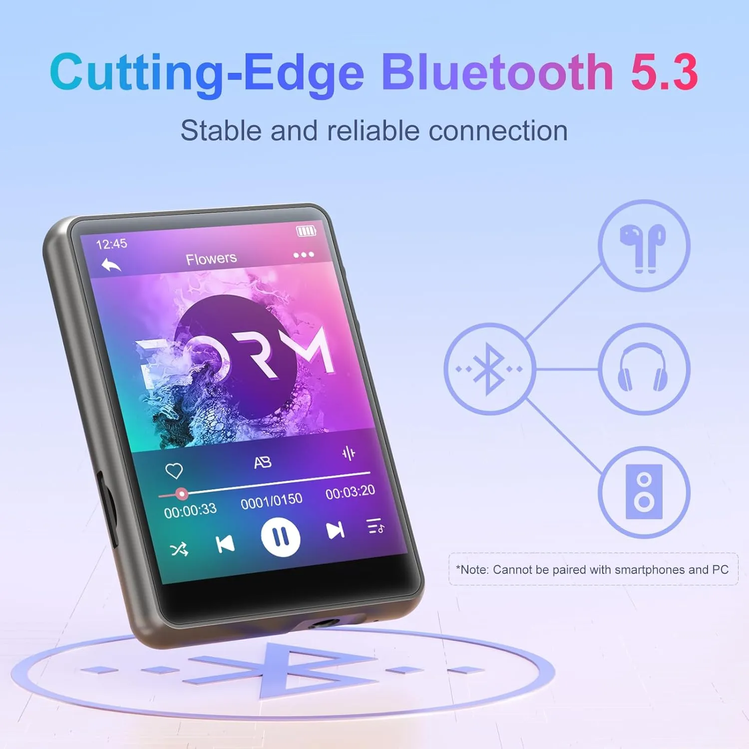MECHEN 64GB MP3 Player Bluetooth 5.3 with 2.4" Full Touch Screen，Portable Digital Music Player with Speaker，FM Radio, Line Recording, HiFi Lossless Sound, Support up to 128GB. (Gray)