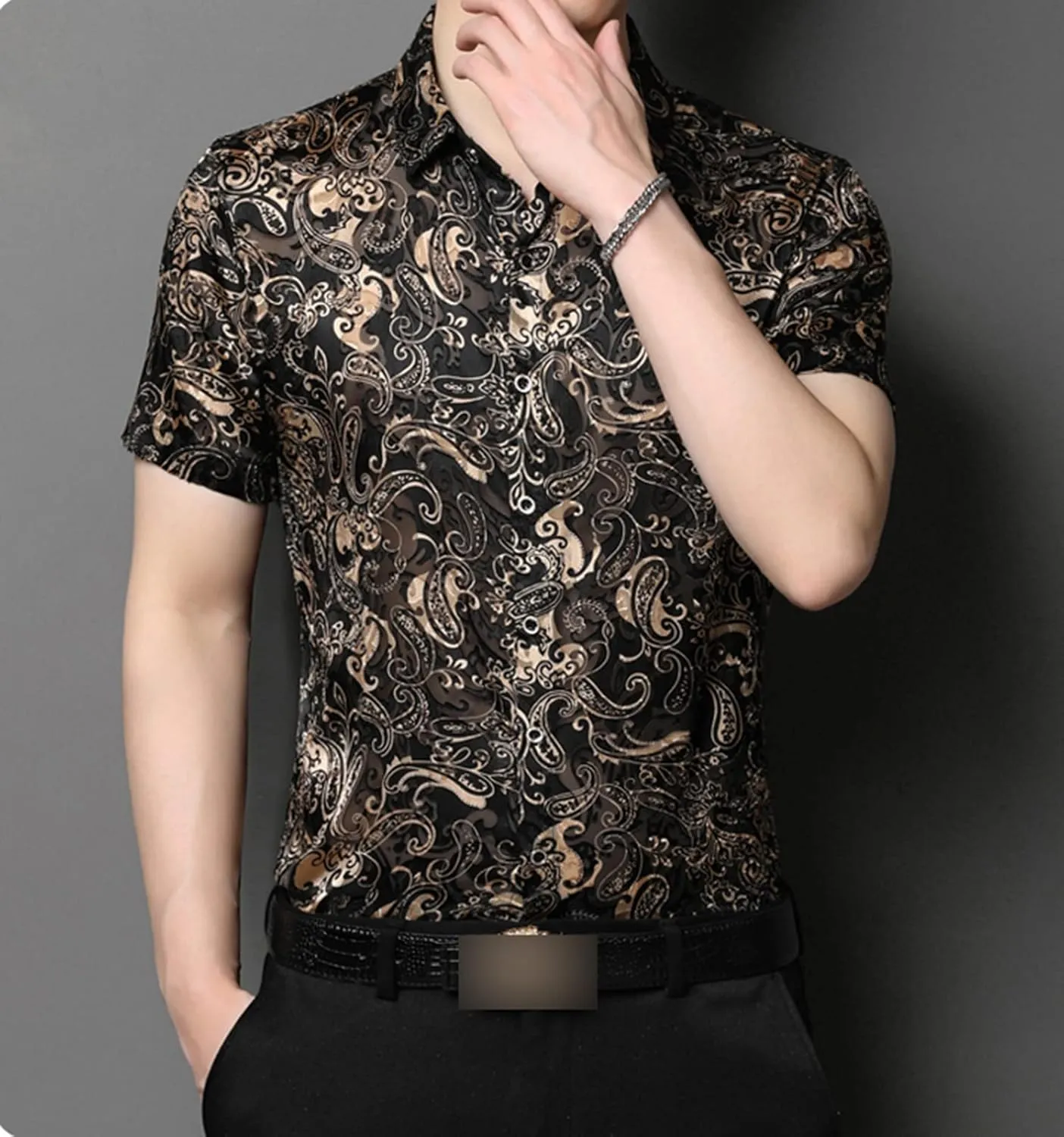 Men Women See Through Shirts Sexy Short Sleeve Night Club Fishnet Lace Shirt