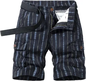 Men's Athletic Shorts Classic Fit Cotton Striped Multi Pockets Cargo Shorts Fashion Outdoor Buckle Zipper Shorts