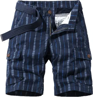 Men's Athletic Shorts Classic Fit Cotton Striped Multi Pockets Cargo Shorts Fashion Outdoor Buckle Zipper Shorts