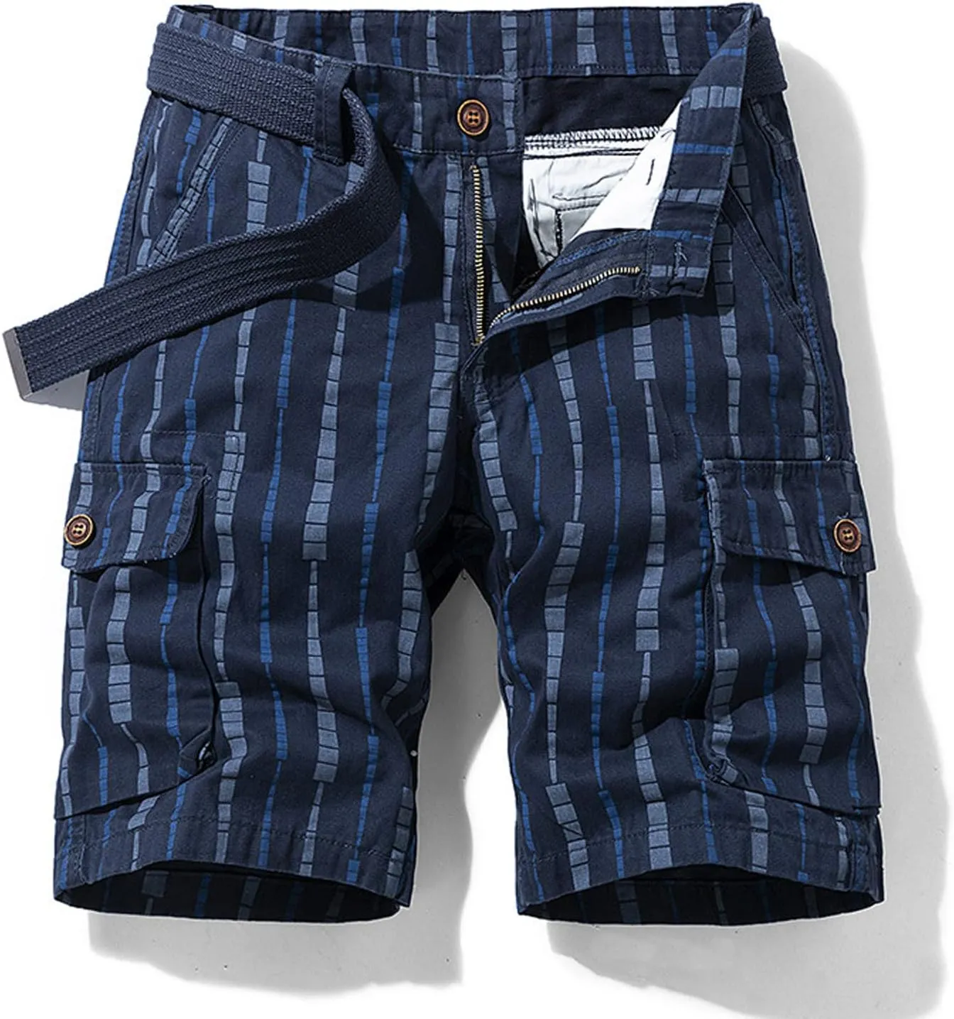 Men's Athletic Shorts Classic Fit Cotton Striped Multi Pockets Cargo Shorts Fashion Outdoor Buckle Zipper Shorts