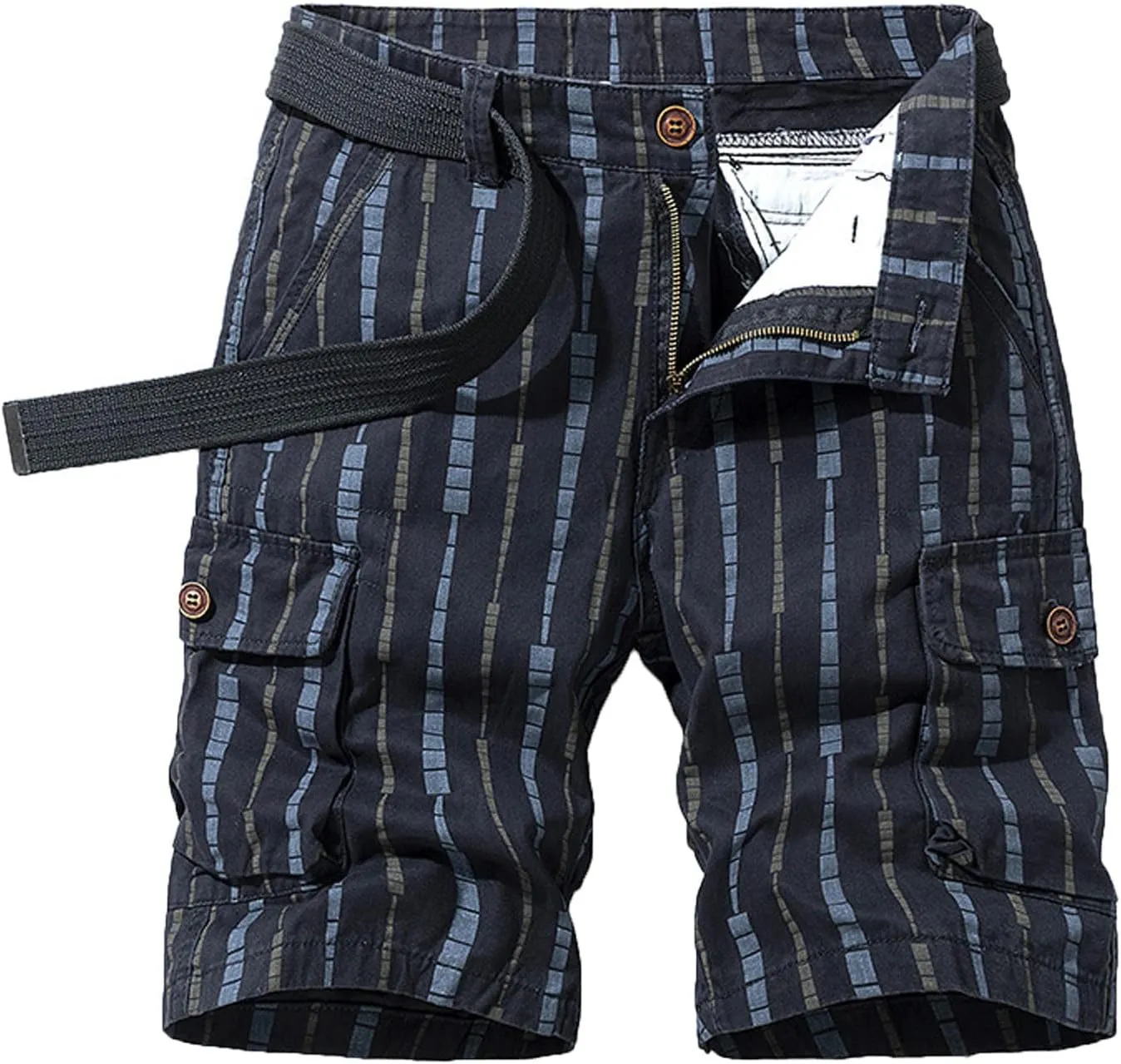 Men's Athletic Shorts Classic Fit Cotton Striped Multi Pockets Cargo Shorts Fashion Outdoor Buckle Zipper Shorts