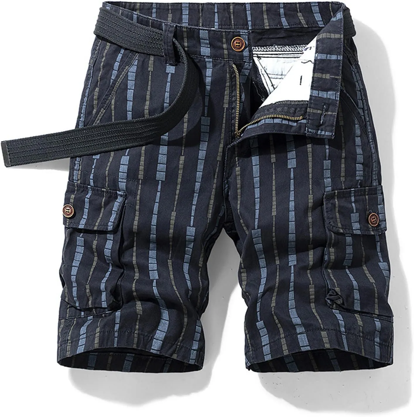 Men's Athletic Shorts Classic Fit Cotton Striped Multi Pockets Cargo Shorts Fashion Outdoor Buckle Zipper Shorts