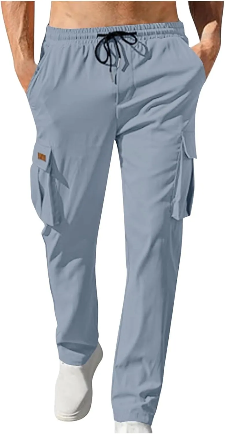 Mens Cargo Pants Casual Regular Fit Drawstring Elastic Waist Pants for Men Sports Athletic Work Outdoor Trousers
