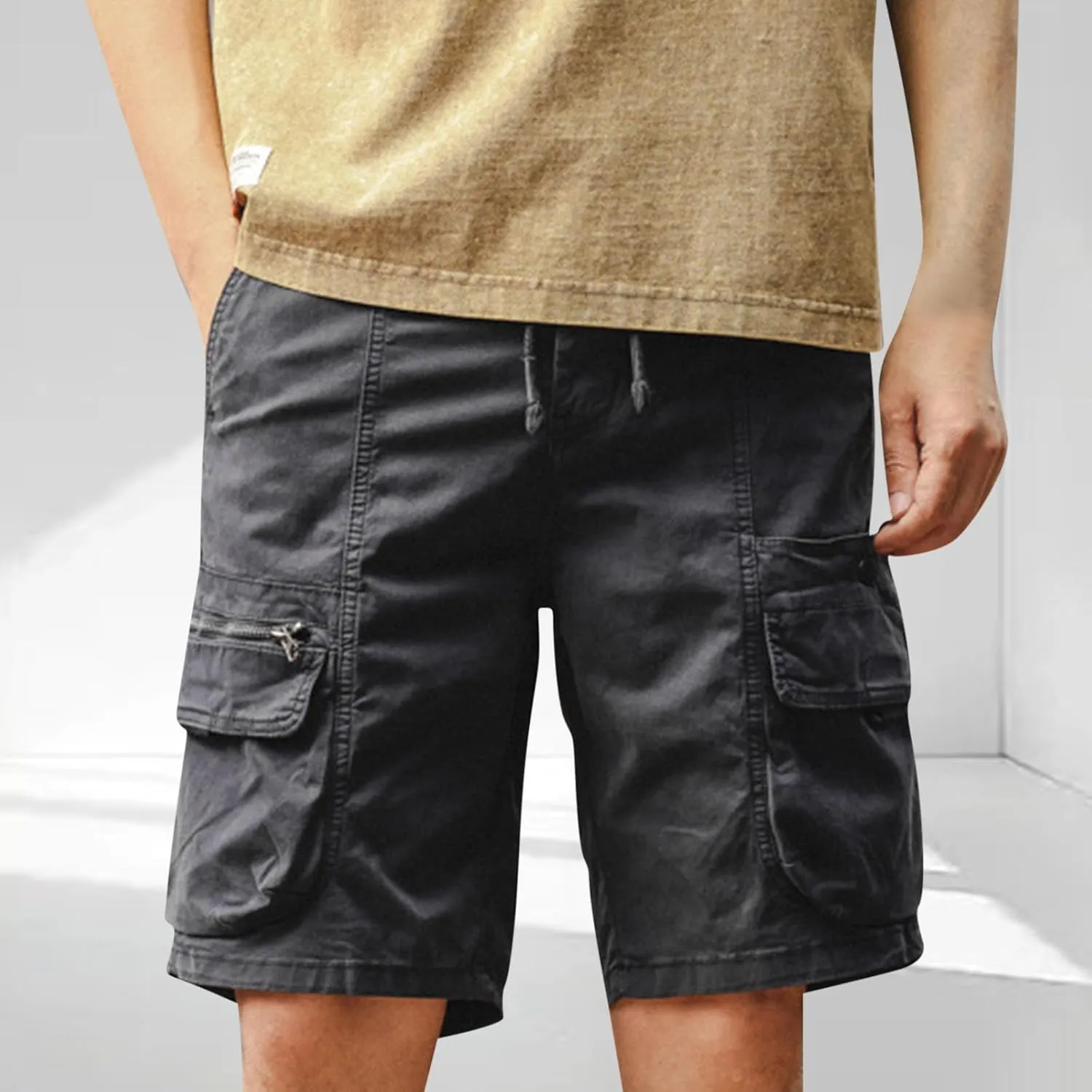 Mens Classic-Fit Cargo Shorts for Hiking Climbing Cotton Elastic Waist Multi-Pocket Summer Workout Gym Camping Shorts