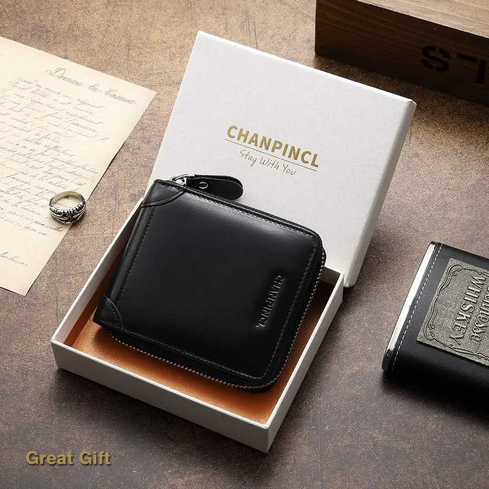Mens Genuine Leather Zipper Wallet RFID Secure Large Capacity Double Fold Multi-card Leather Wallets for Men and coin purse