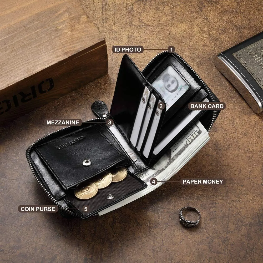 Mens Genuine Leather Zipper Wallet RFID Secure Large Capacity Double Fold Multi-card Leather Wallets for Men and coin purse