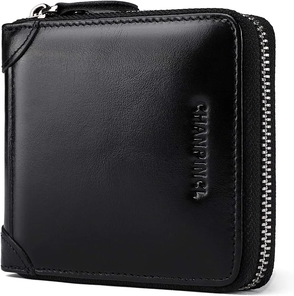 Mens Genuine Leather Zipper Wallet RFID Secure Large Capacity Double Fold Multi-card Leather Wallets for Men and coin purse
