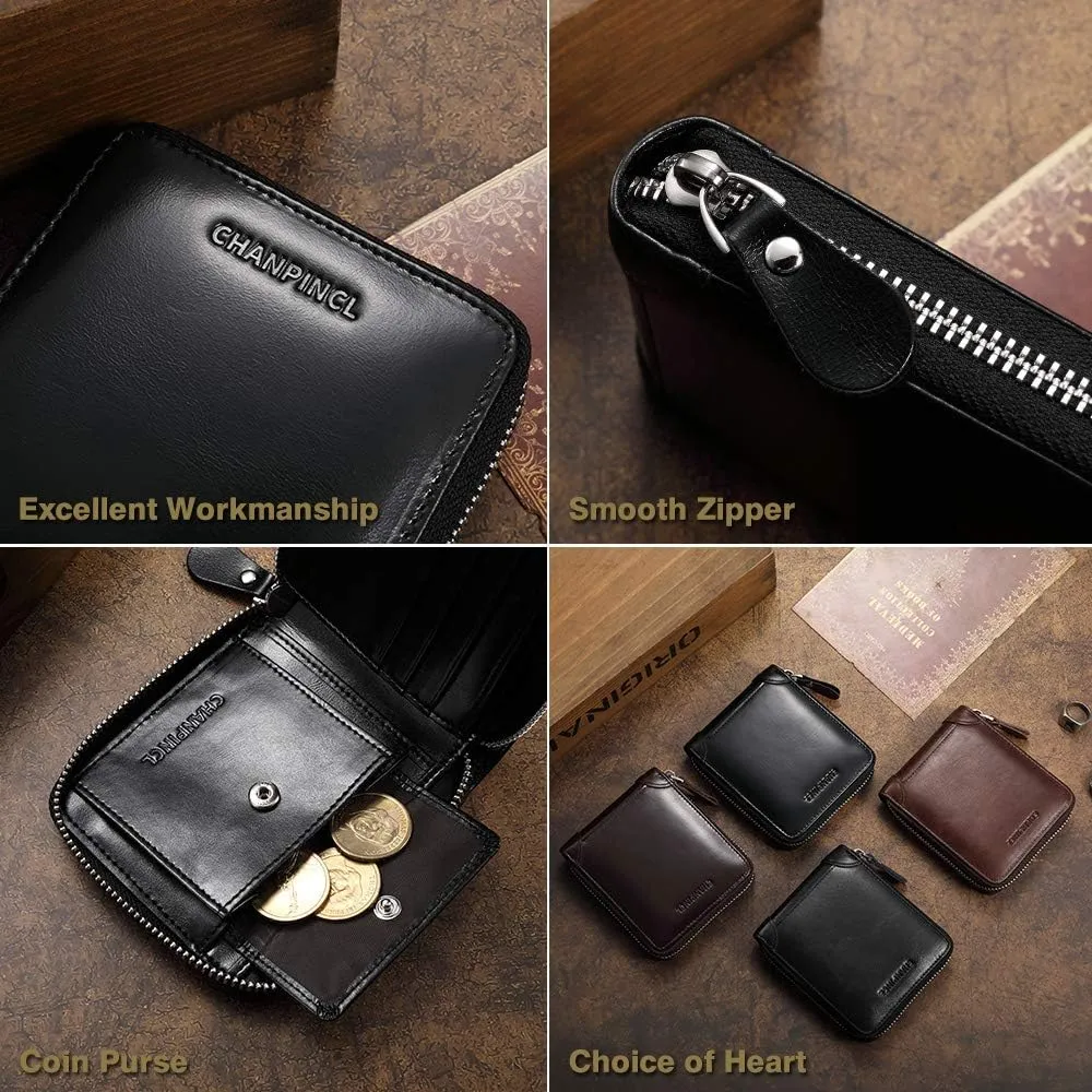 Mens Genuine Leather Zipper Wallet RFID Secure Large Capacity Double Fold Multi-card Leather Wallets for Men and coin purse