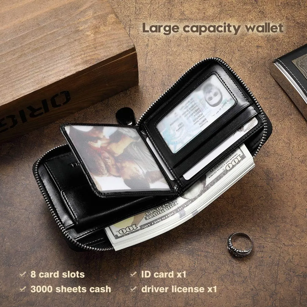 Mens Genuine Leather Zipper Wallet RFID Secure Large Capacity Double Fold Multi-card Leather Wallets for Men and coin purse