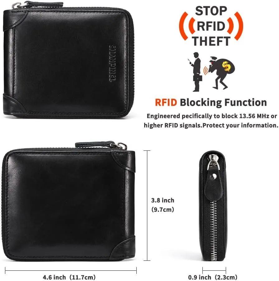 Mens Genuine Leather Zipper Wallet RFID Secure Large Capacity Double Fold Multi-card Leather Wallets for Men and coin purse