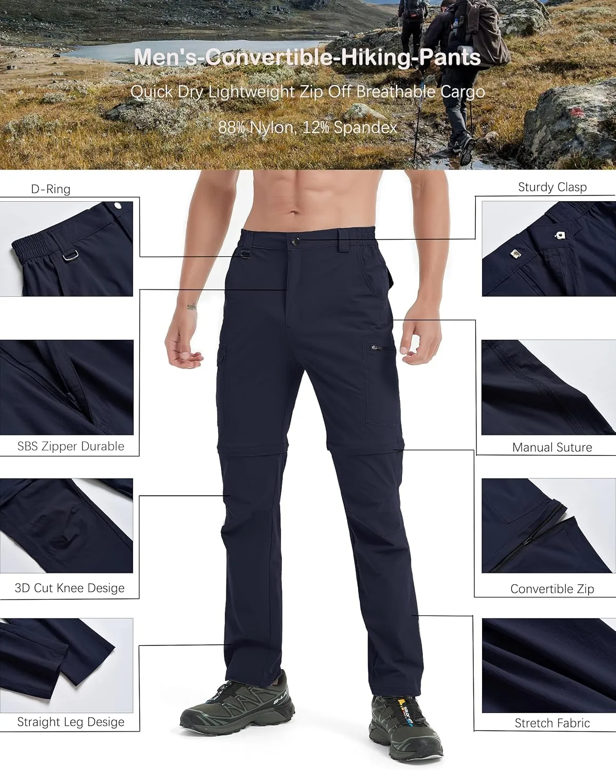 Men's Hiking Convertible Zip Off Pants Outdoor Waterproof Quick Dry Lightweight Fishing Safari Travel Cargo Work Pants
