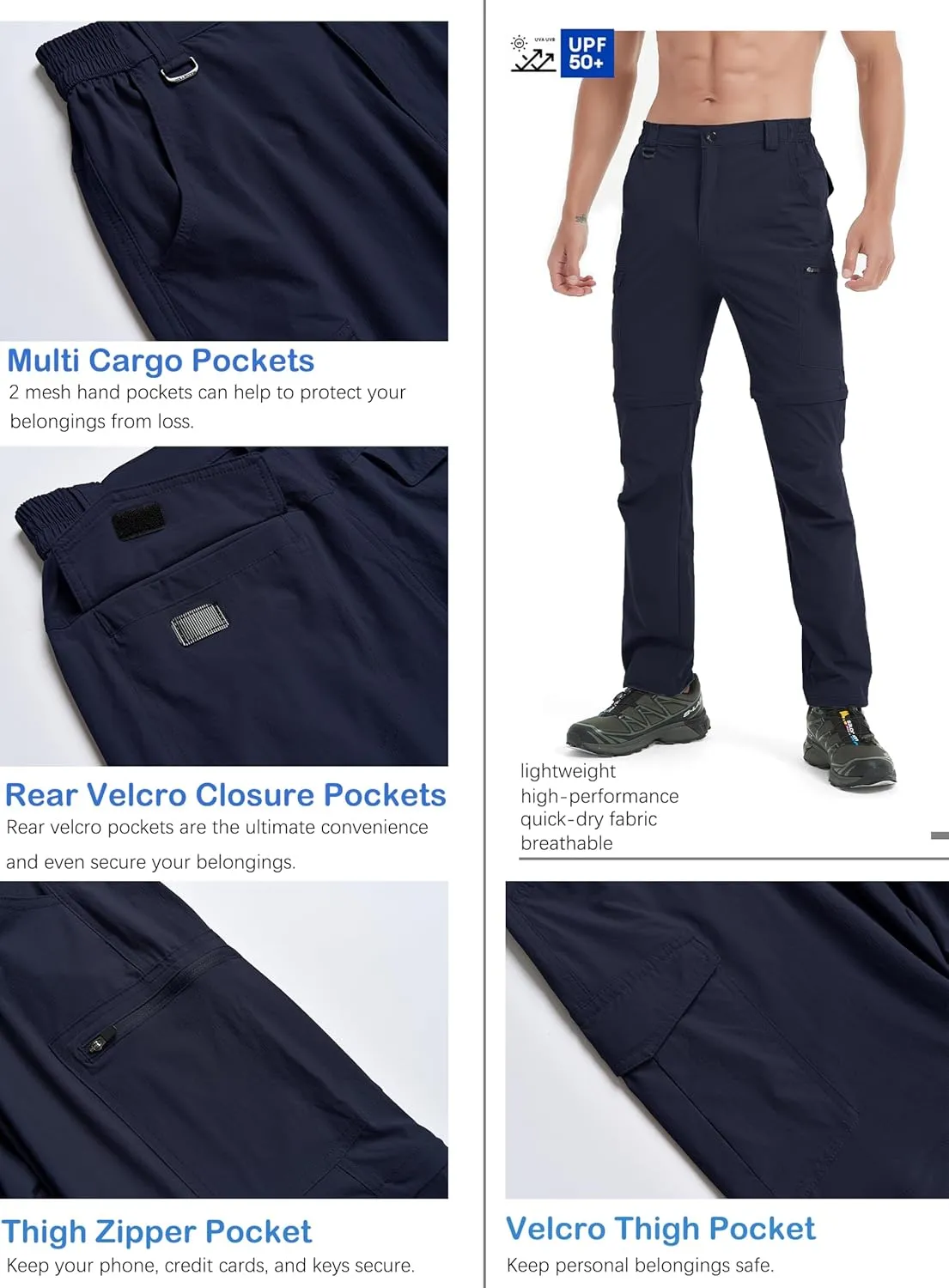 Men's Hiking Convertible Zip Off Pants Outdoor Waterproof Quick Dry Lightweight Fishing Safari Travel Cargo Work Pants