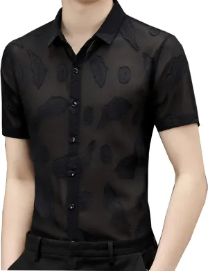 Mens Pattern Short Sleeve Shirts Button Down Slim Fit
