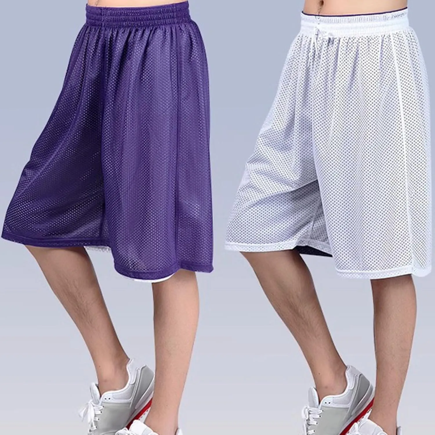 Men's Reversible Double-Layer Mesh Basketball Shorts Sports Half Pants Trousers Drawstring Elastic Waist Loose Casual