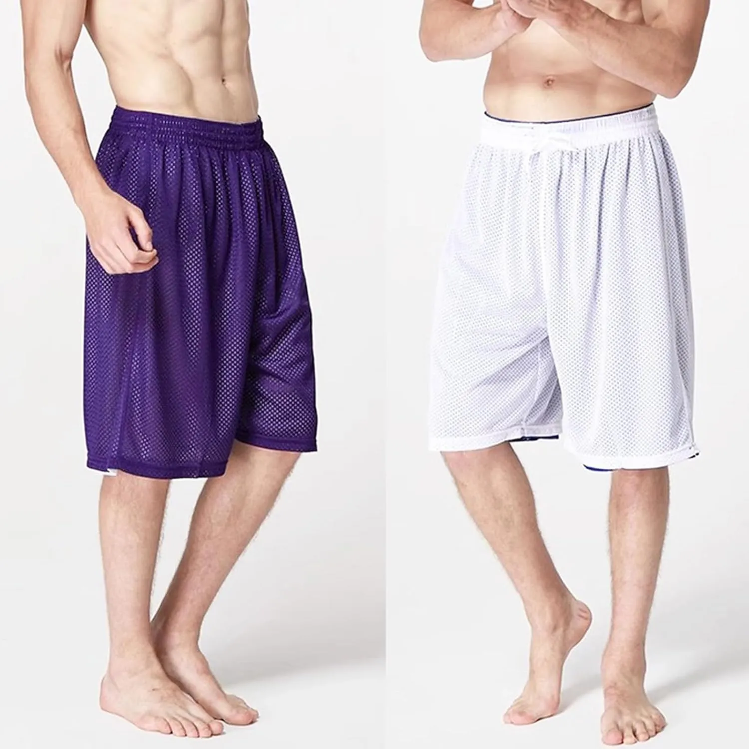 Men's Reversible Double-Layer Mesh Basketball Shorts Sports Half Pants Trousers Drawstring Elastic Waist Loose Casual
