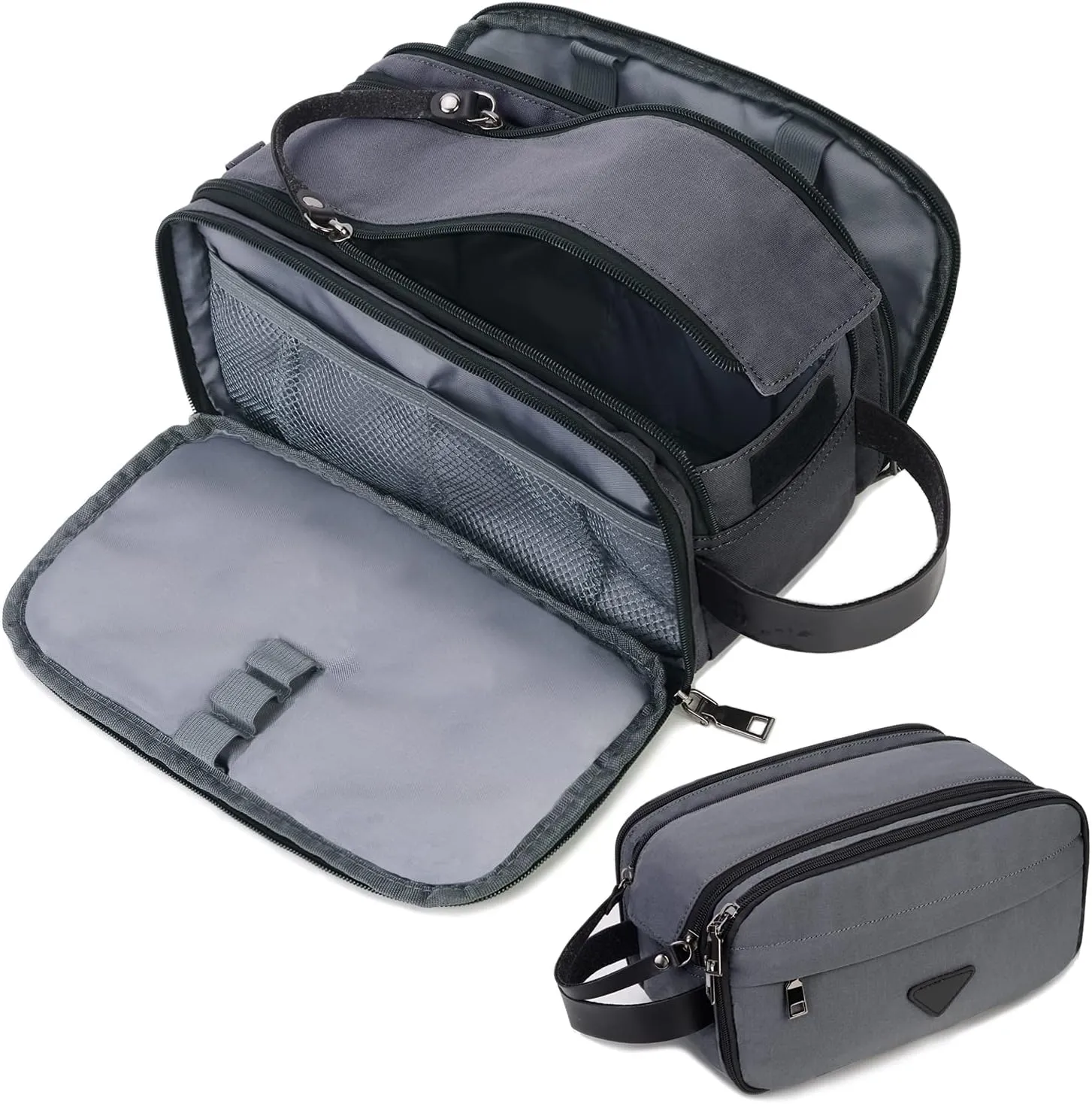 Mens Toiletry Bag Travel Leather Toiletry Organizer Dopp Kit for Men Water-resistant Shaving Bag for Bathroom (Grey)