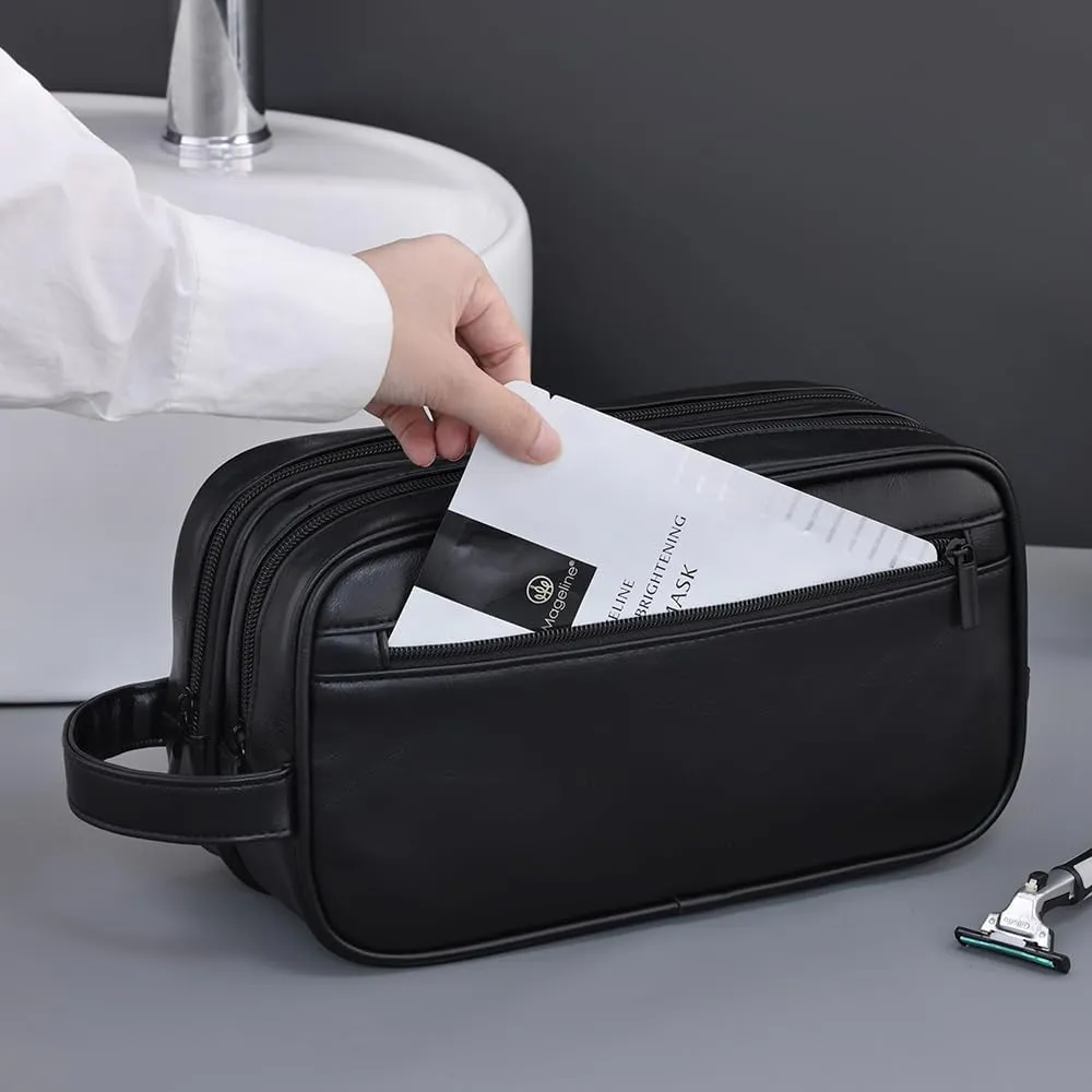 Mens travel toiletry bag, Gift For Men，Waterproof PU double-layer cosmetic bag, large-capacity portable toiletry bag(Black)