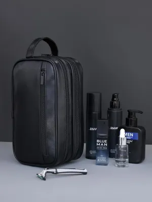 Mens travel toiletry bag, Gift For Men，Waterproof PU double-layer cosmetic bag, large-capacity portable toiletry bag(Black)